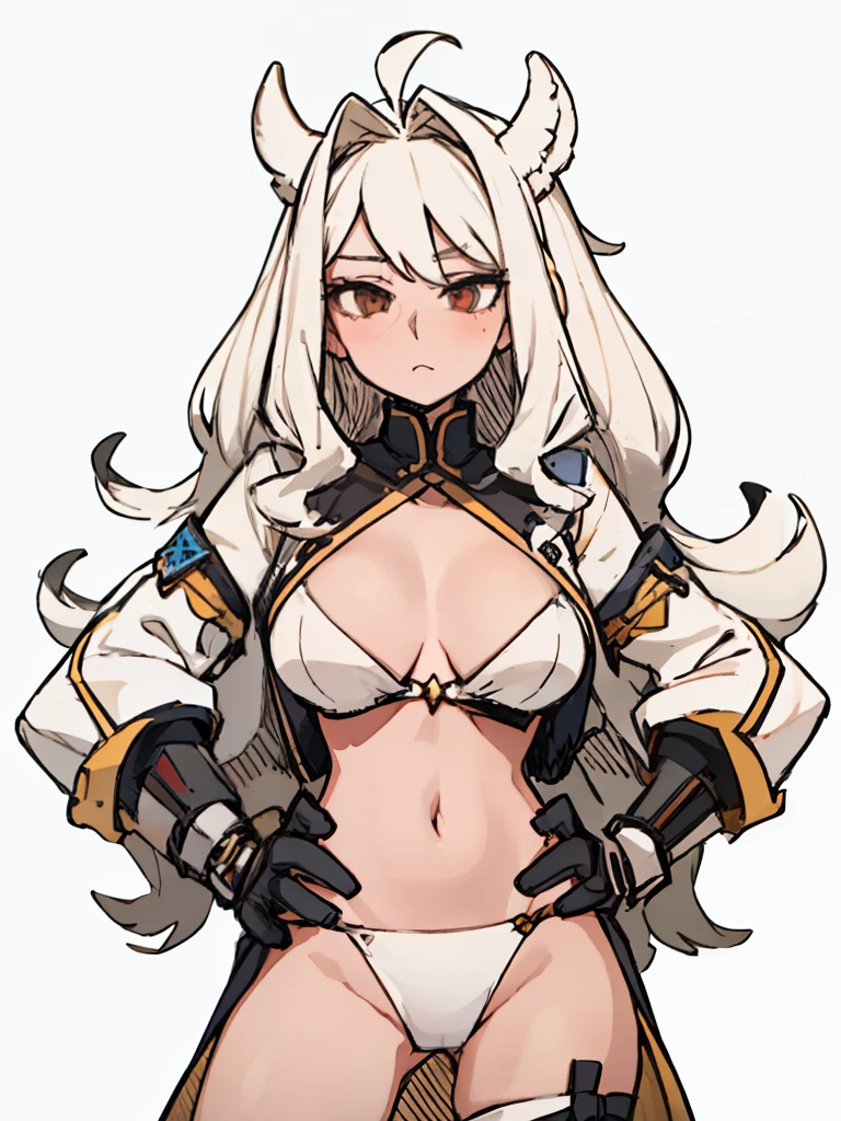 A girl frontal,((full bodyesbian,Long curly white gas)),Calf white silk,Put your hands in front,Young, White background