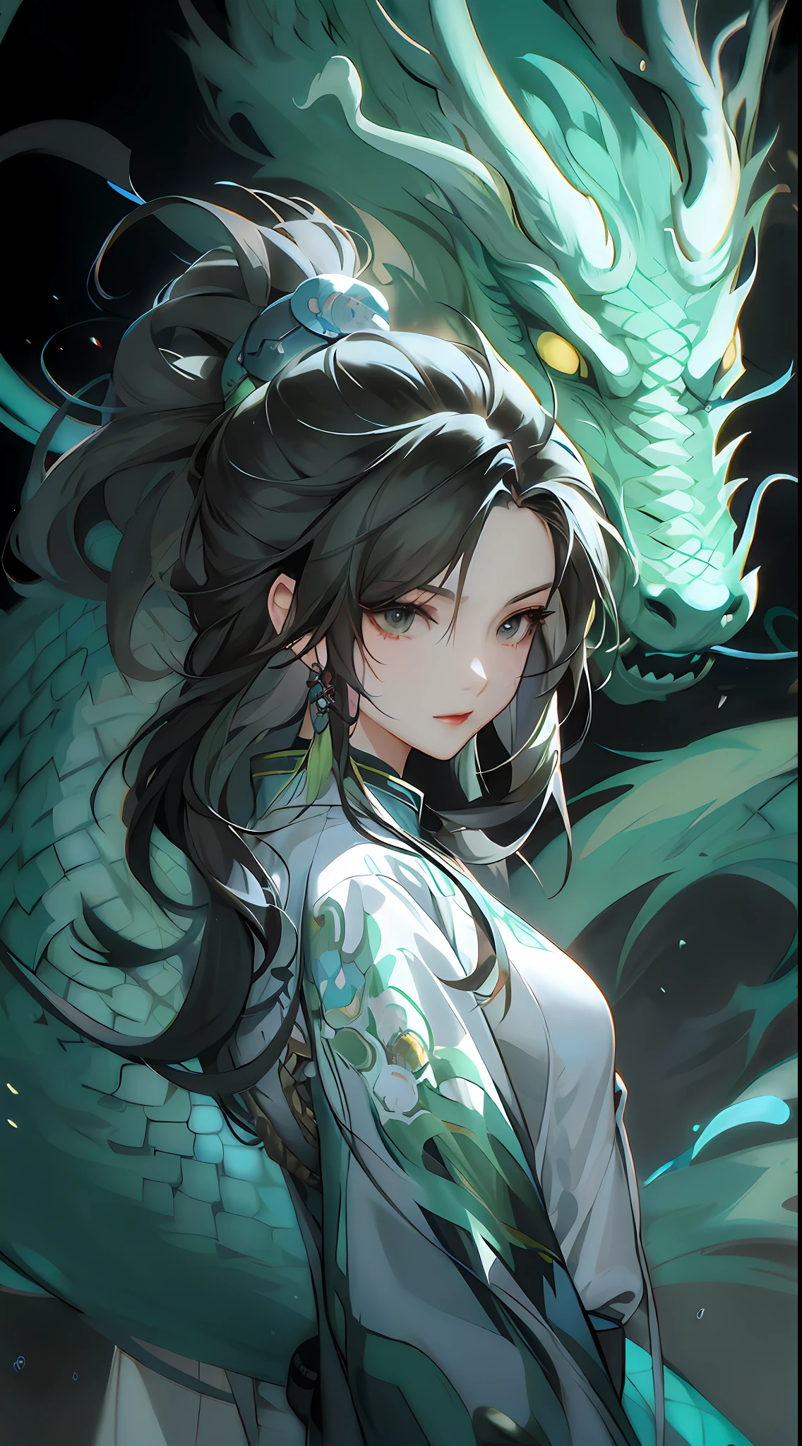 Anime girl with faucet and long hair, by Yang J, Detailed digital anime art, the dragon girl portrait, drak, Digital anime illustration, Ruan Jia and Artgerm, Beautiful character painting, demon slayer rui fanart, By Ni Tian, author:Chen Lin, Artgerm and Atey Ghailan, Dragon girl, Artgerm and Ruan Jia