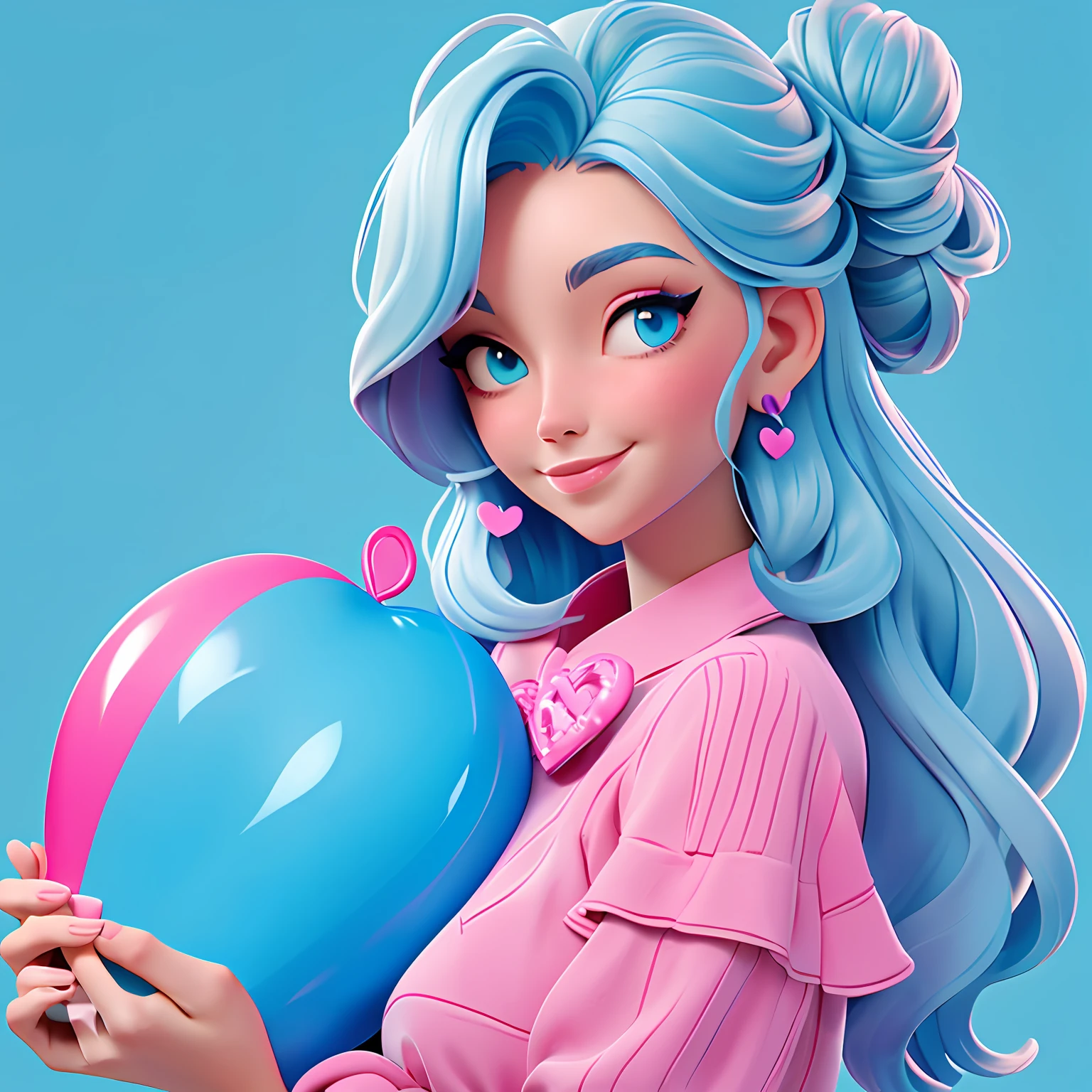 A woman holds a colorful heart-shaped balloon. Your hair is stuck in a messy bun. The background is filled with a pastel shade of light blue, evoking a sense of lightness and happiness.