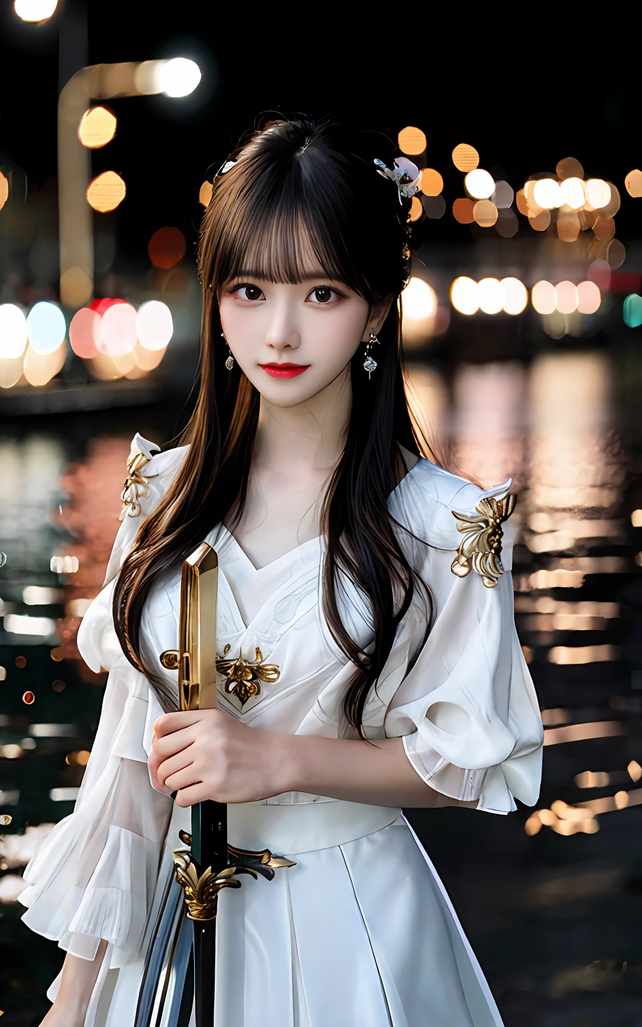 (realisticity: 1.2), best quality, masterpiece, highres, cg,
1girl, weapon, sword, long hair, dress, water, solo, jewelry, white dress, earrings, hair ornament, splashing, upper body super realistis, hair bun, black hair, city bacgraun realistis,
lighting,candid, Photograph, high resolution, 4k, 8k, Bokeh,