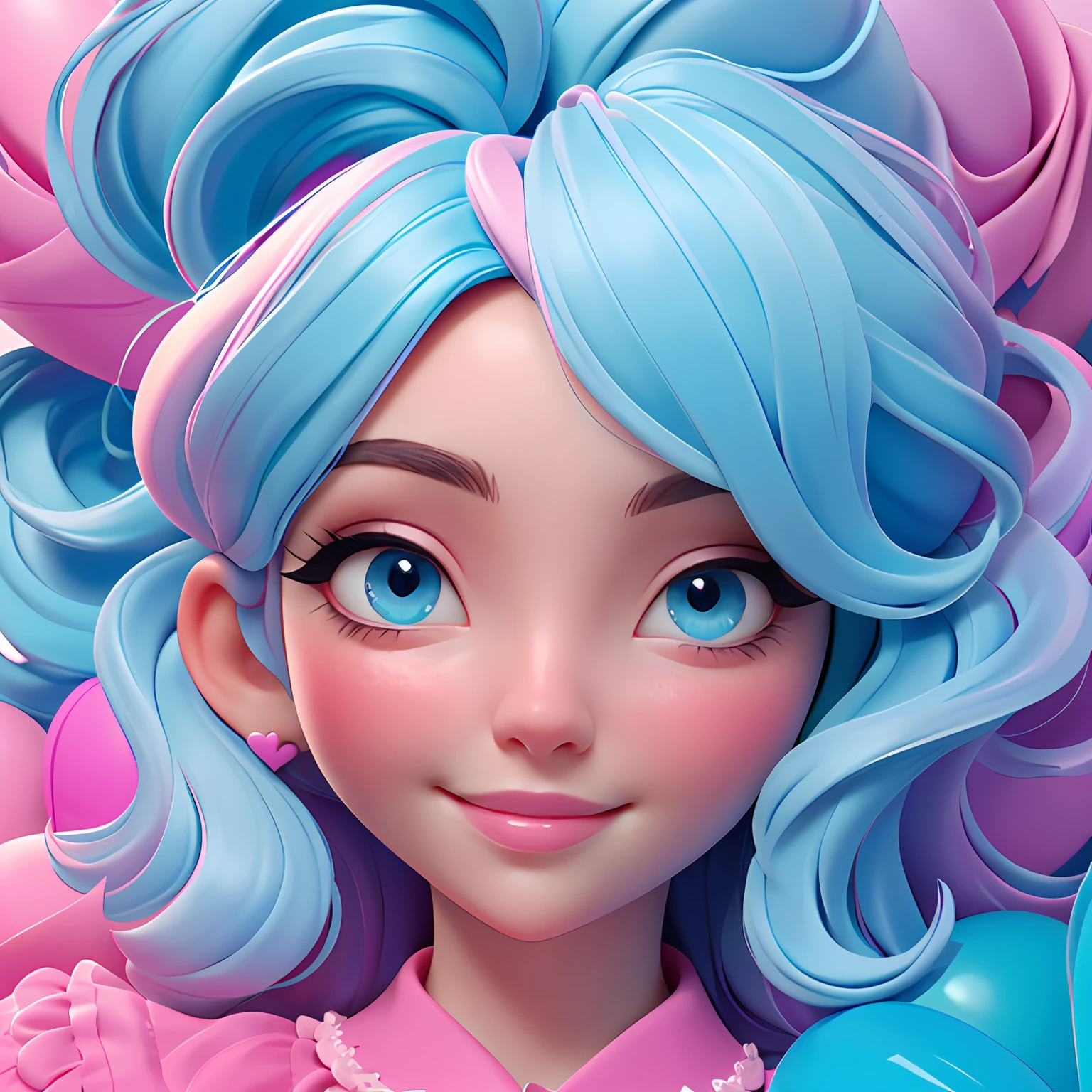 A woman holds a colorful heart-shaped balloon. Your hair is stuck in a messy bun. The background is filled with a pastel shade of light blue, evoking a sense of lightness and happiness.