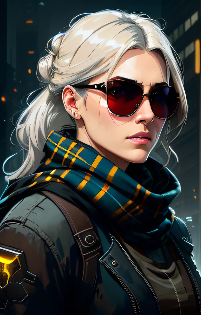 (dark shot:1.1), epic realistic, portrait of halo, sunglasses, blue eyes, tartan scarf, white hair by atey ghailan, by greg rutkowski, by greg tocchini, by james gilleard, by joe fenton, by kaethe butcher, gradient yellow, black, brown and magenta color scheme, grunge aesthetic!!! graffiti tag wall background, art by greg rutkowski and artgerm, soft cinematic light, adobe lightroom, photolab, hdr, intricate, highly detailed, (depth of field:1.4), faded, (neutral colors:1.2), (hdr:1.4), (muted colors:1.2), hyperdetailed, (artstation:1.4), cinematic, warm lights, dramatic light, (intricate details:1.1), complex background, (rutkowski:0.66), (teal and orange:0.4)