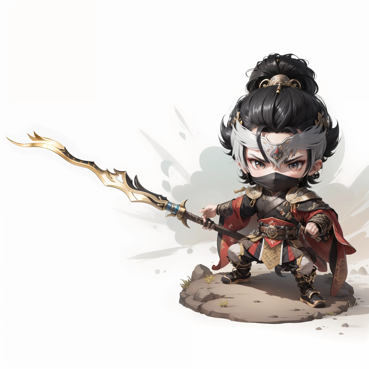 male people,Male characters,Chibi anime characters,Bad,Eight snake spears,Spear weapons,China-style,Chinese-style clothing,Chinese shoes,There are beautiful patterns on the weapon grip,Refinement,Fine painting,Refinement,infinite details,high definition detail,Delicate belt,Belt accessories,Male characters,Blindfolds,black color hair,Patterned,Pattern,Blank background,Bright colors,Metal edging