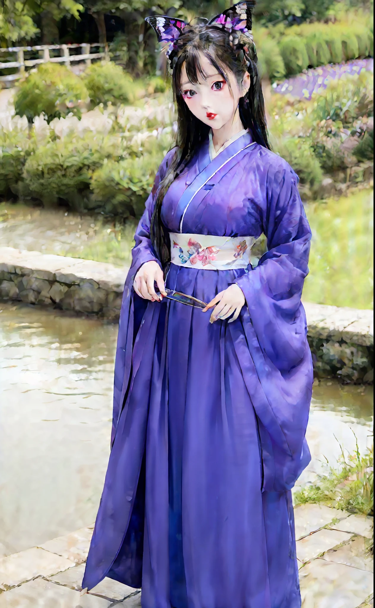 Masterpiece, best quality, watercolor painting of a very beautiful korean woman in japanese clothes, butterfly hair clip, purple and blue clothes, Dark Blue Eyes, shining beauty, high quality, super attractive lips, attractive eyes. blowing air, motion shot, standing near the river garden, full body shot