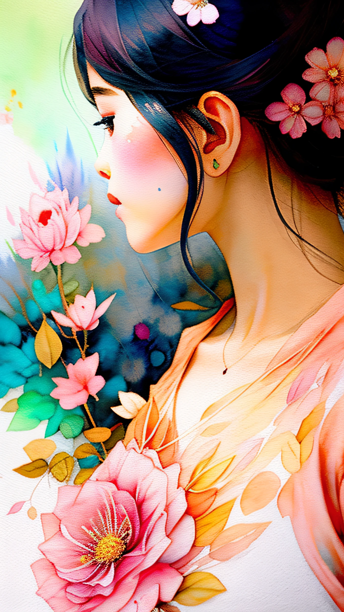 estilo wtrcolor, (rosa) arte digital, arte oficial, soprado pelo vento, obra-prima, lindo, ((aquarela)), respingos de tinta, detalhes intrincados. Grande detalhe, [pingando: 0,7], Trending na Artstation, Classic Japanese Girl, detalhes orientais