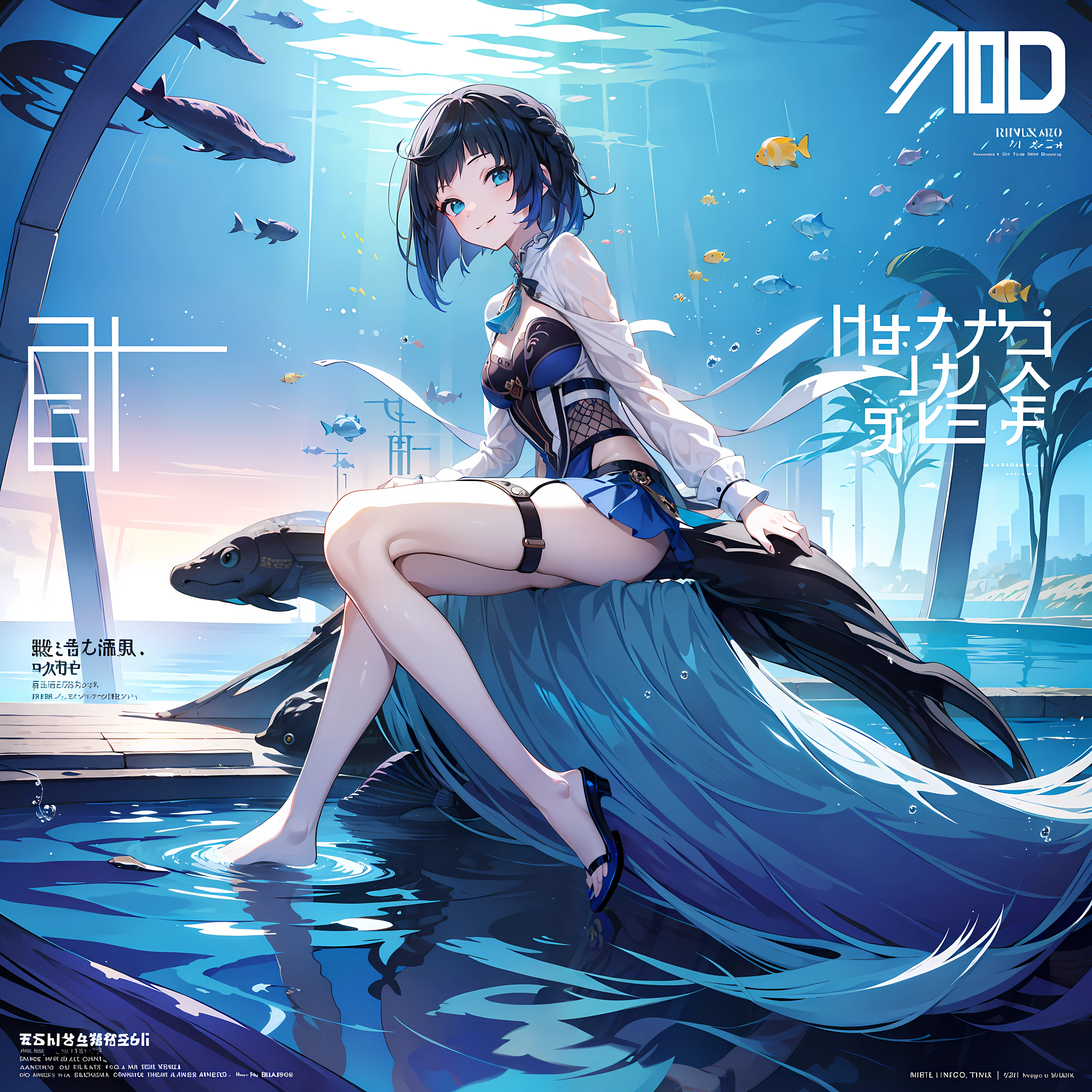 masterpiece, best quality, full body, (1girl), (smiling), ((solo)), (magazine:1.3), (cover-style:1.3), fashionable,Under water, (in side tunnel aquarium),
