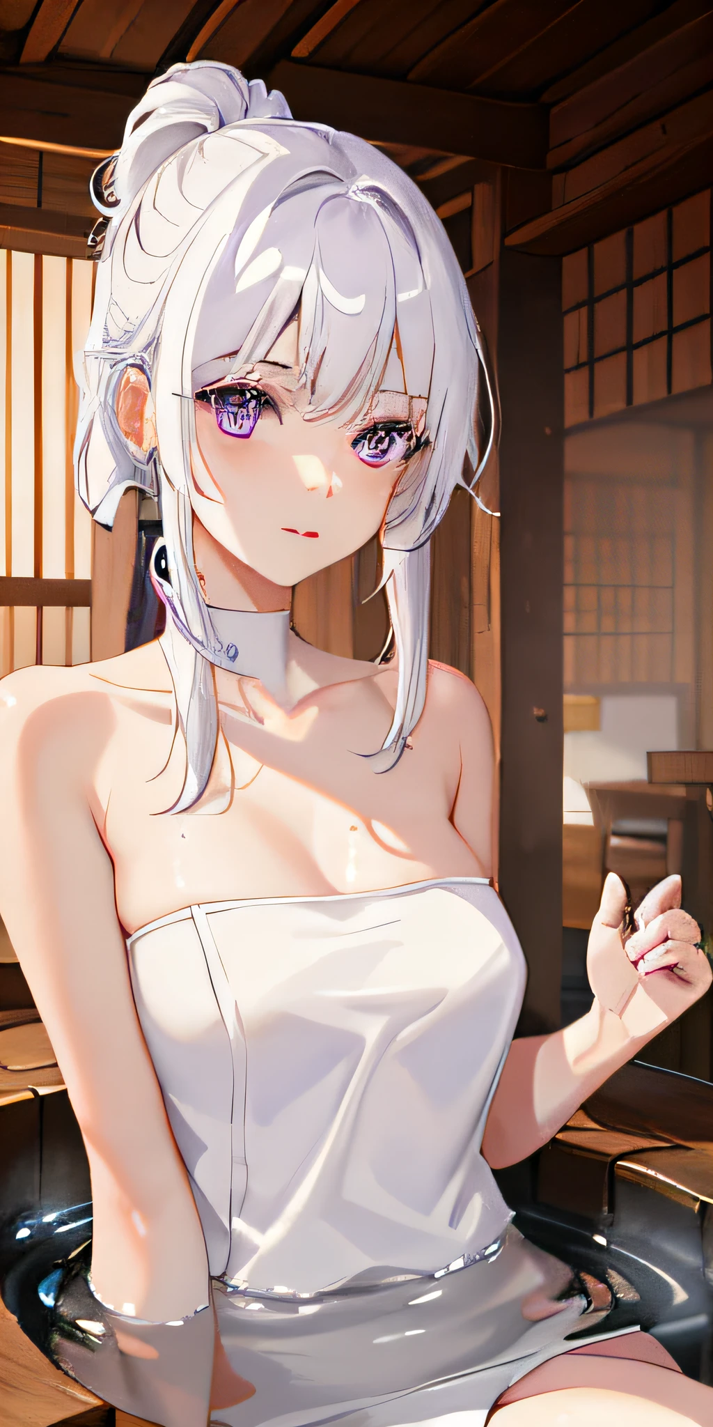 1girl, White hair, Purple eye, sportrait, photorealestic, Towels, (onsen), sidelighting, wallpaper, nsfw, After sex