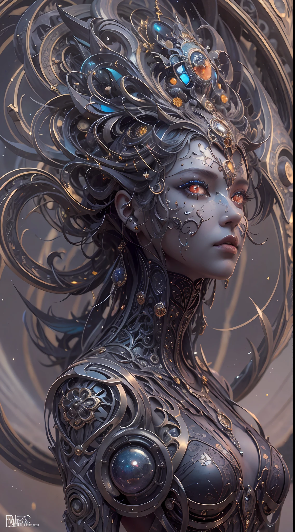 (best qualtiy,ultra - detailed,Most Best Illustration,Best shadow,tmasterpiece,A high resolution,professionalartwork,famousartwork),Detailed eyes,beautidful eyes,closeup cleavage,sci-fy,colored sclera,Robot eyes,face markings,Tattooed with,(fractalized,Fractal eyes),largeeyes,Wide eyes,(Eye focus),sface focus,Cosmic eyes,Space eyes,Close-up of metal sculpture of a woman with a moon in her hair,goddes。extremly high detail,3 d goddess portrait,Extremely detailed footage of the goddess,a stunning portrait of a goddess,Side image of the goddess,portrait of a beautiful goddess,Full body close-up portrait of the goddess,hecate goddess,portrait of a norse moon goddess,goddess of space and time