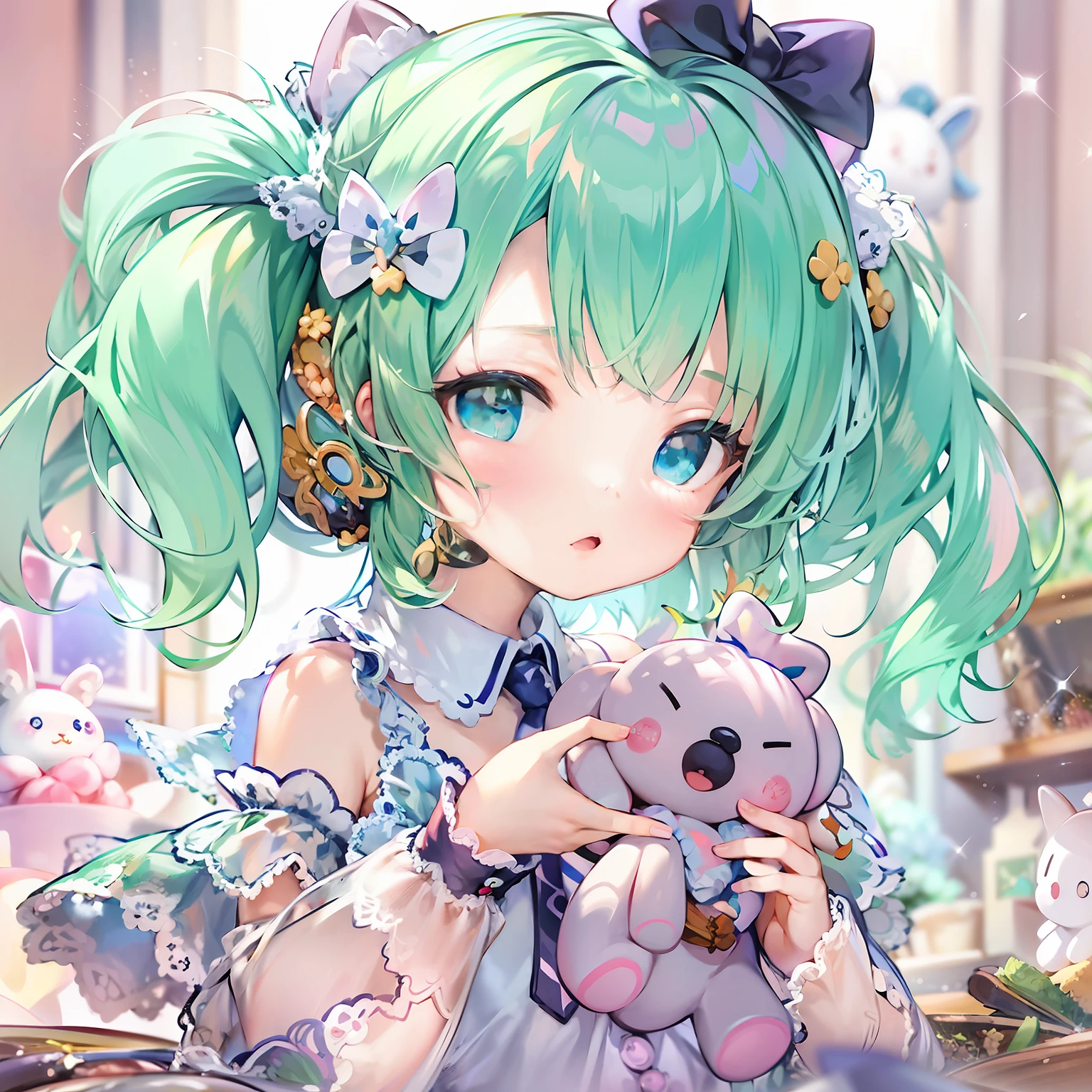 1girll, Solo, Cinnamiku, Blue hair, Blue eyes, Hair rings, Hair Bow, (Blue bow), (cinnamoroll, tied ears, sanrio, 1other, organism:1.2), Black sleeves, Bare shoulders, a blue tie, Wide sleeves, Collared shirt, Detached sleeves, tiese, a blue tie, frilled collar, frilly shirt, Fancy, kawaii, Cowboy shot, microphones,
