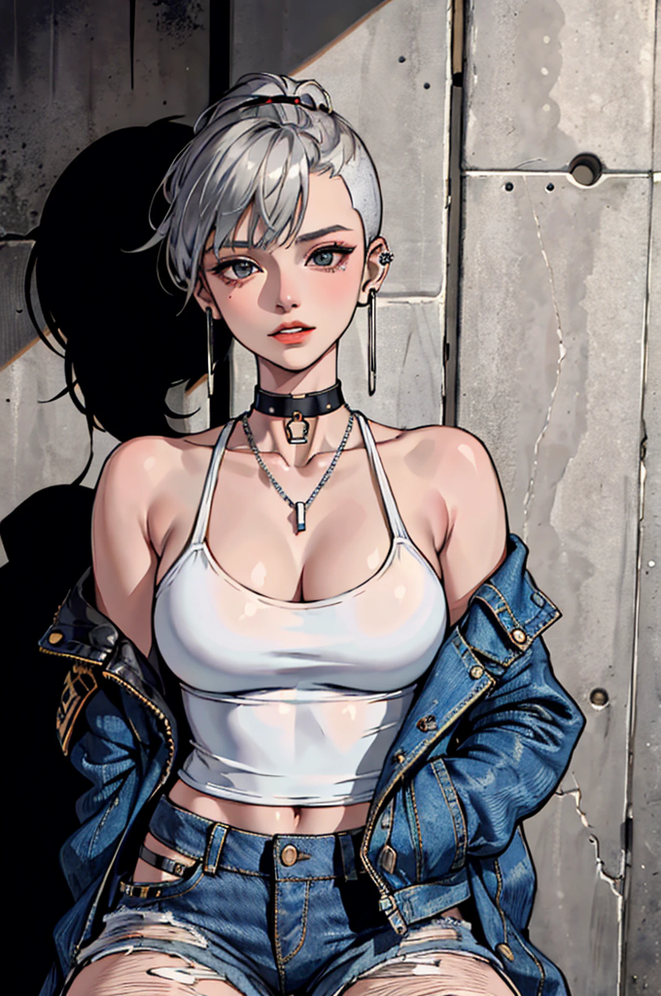 (masterpiece:1.2, best quality), (1lady, solo, upper body:1.2), Hair: buzz cut, Clothing: oversized, distressed denim jacket with patches and pins, paired with black skinny jeans and combat boots, Accessories: silver hoop earrings and a black choker necklace, Hanging out in an underground music venue or street art exhibit