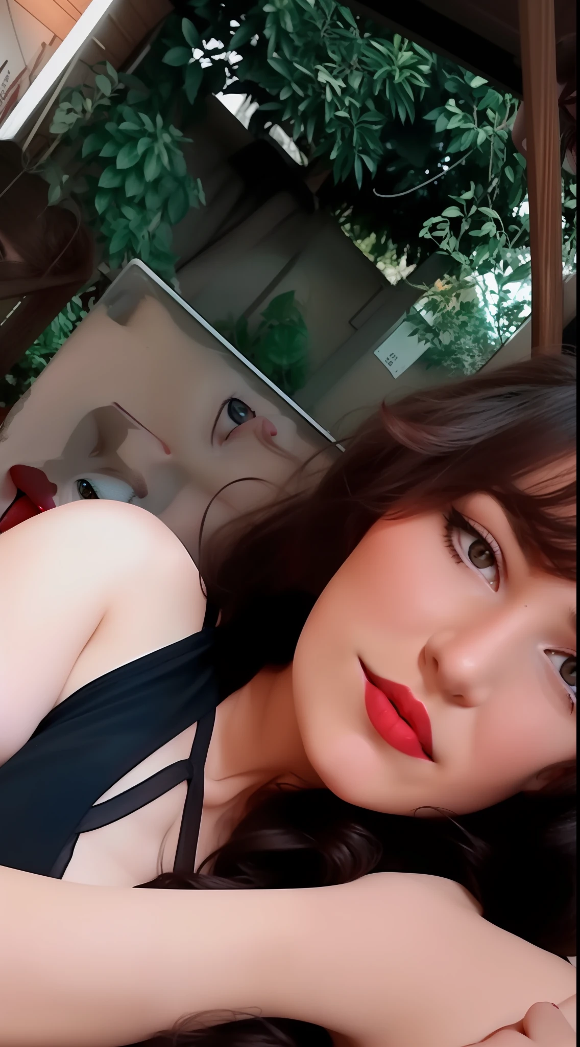 there is a woman that is posing for a picture in a black dress, thick red lips, pale-skinned persian girl, small and thick red lips, red lips, imagem de perfil, sorriso sensual, wide golden eyes and red lips, cara bonita, sexy red lips, cheeky smile with red lips, rosto sexy com maquiagem completa, Cara Sexy