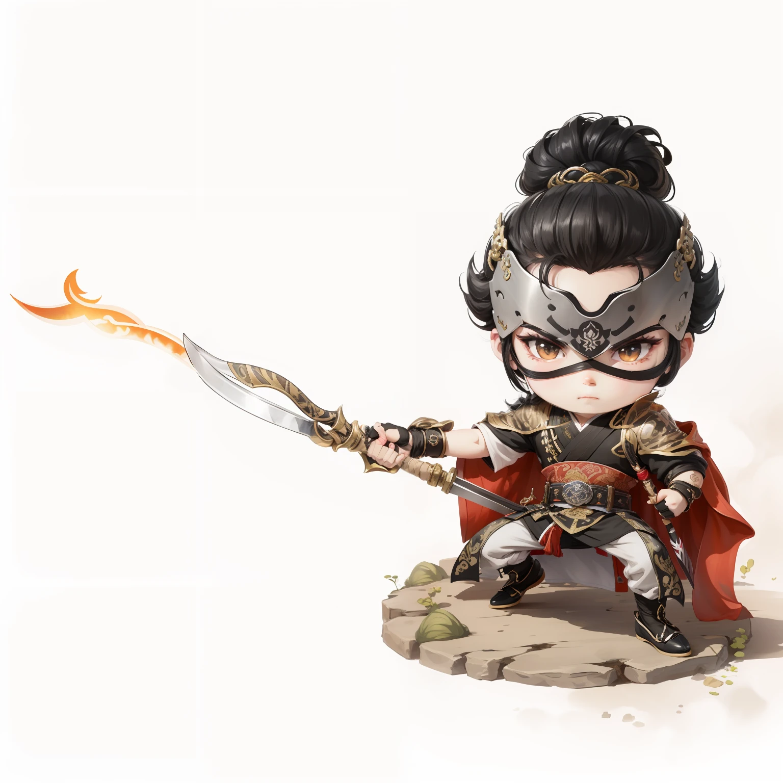 male people,Male characters,Chibi anime characters,Bad,Eight snake spears,Spear weapons,China-style,Chinese-style clothing,Chinese shoes,There are beautiful patterns on the weapon grip,Refinement,Fine painting,Refinement,infinite details,high definition detail,Delicate belt,Belt accessories,Male characters,Blindfolds,black color hair,Patterned,Pattern,Blank background,Bright colors,Metal edging