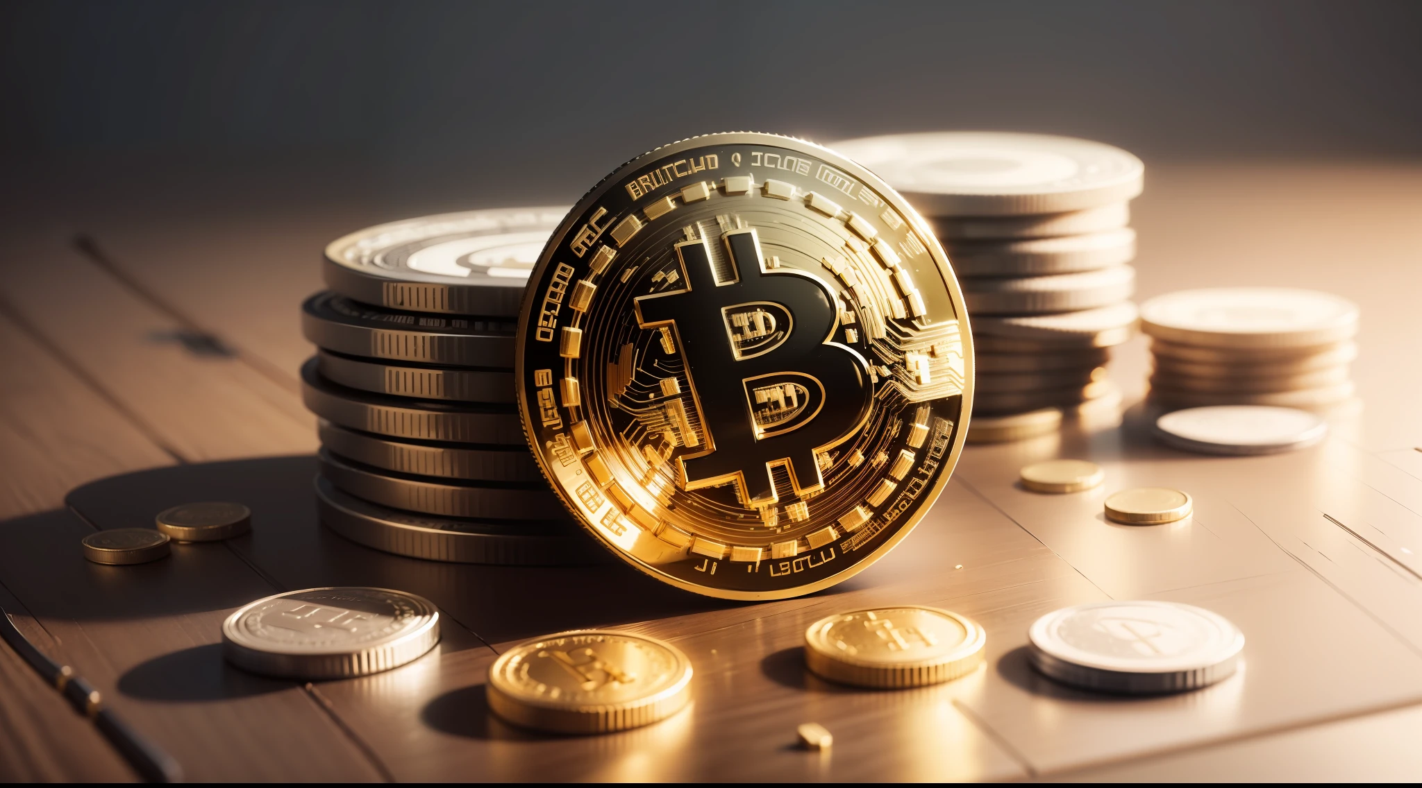Photo of bitcoins and other money set in bulk selective focus, photorealistic, ultra realistic, maximum detail, foreground focus, recipes.com, epicurious, instagram, 8k, volumetric light, cinematic, octane render, uplight, no blur, depth of field, dof, bokeh