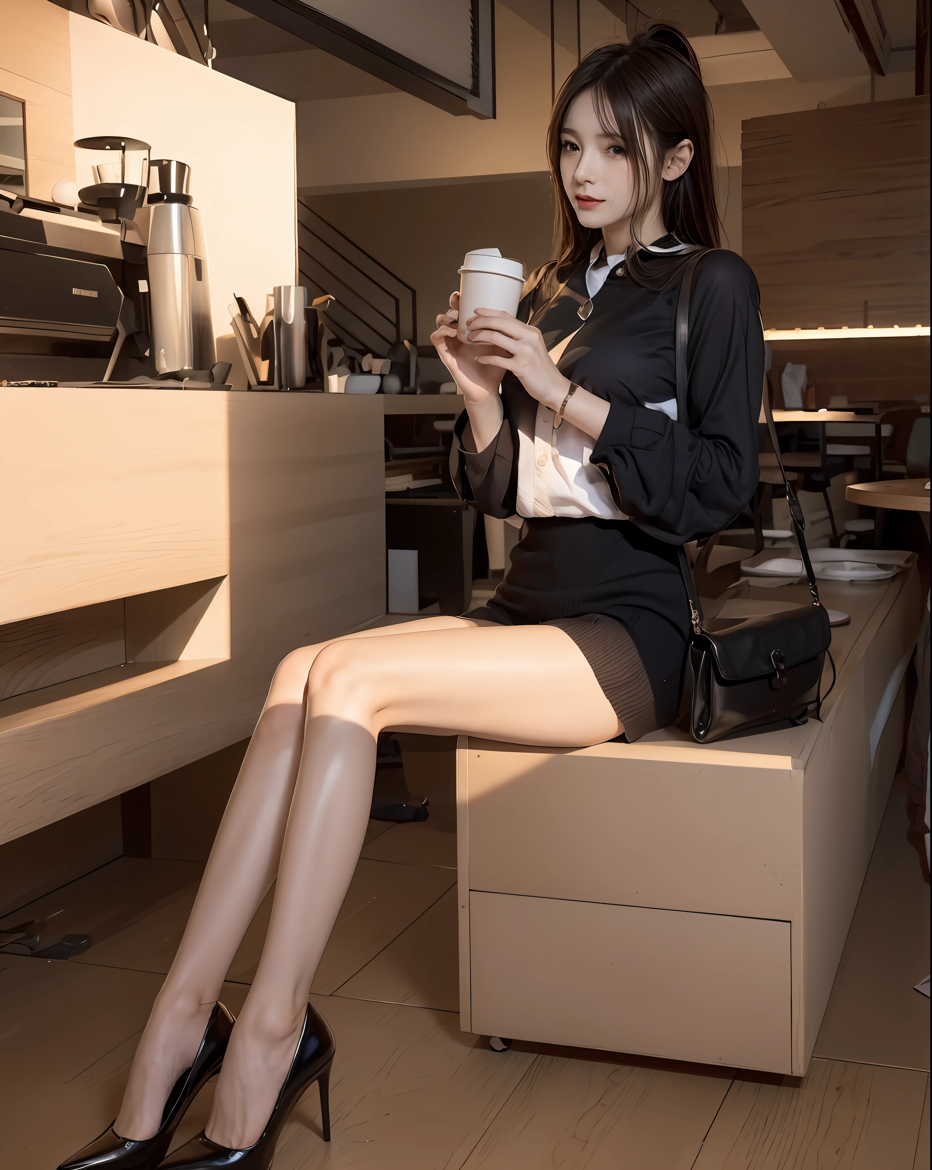 18 years old girls,Perfect face and,cute clothing,slim and slender physique。The skin has detailed and highly detailed eyes(1.1 emphasis),Very detailed skin texture(1.1 emphasis)。Elongated necklace,Model photo style,realisticlying,skin texture is real human skin texture,Detailed Skin Pore,Complicated details,The eyes are very detailed,kneesup,Attractive and sexy chibi,ssmile,,Eat parfait at a café,sitted,Dark blue turtleneck knit sweater,black long pants,coffeehouse,Medium chest,tit,areola of breast,full bodyesbian,Full-body photography,Full body photography,Full body like,Slim waistline, Tempting, 独奏, slutty, ((Topless)), (Realistic, photograph realistic:1.37), Cinematic light
