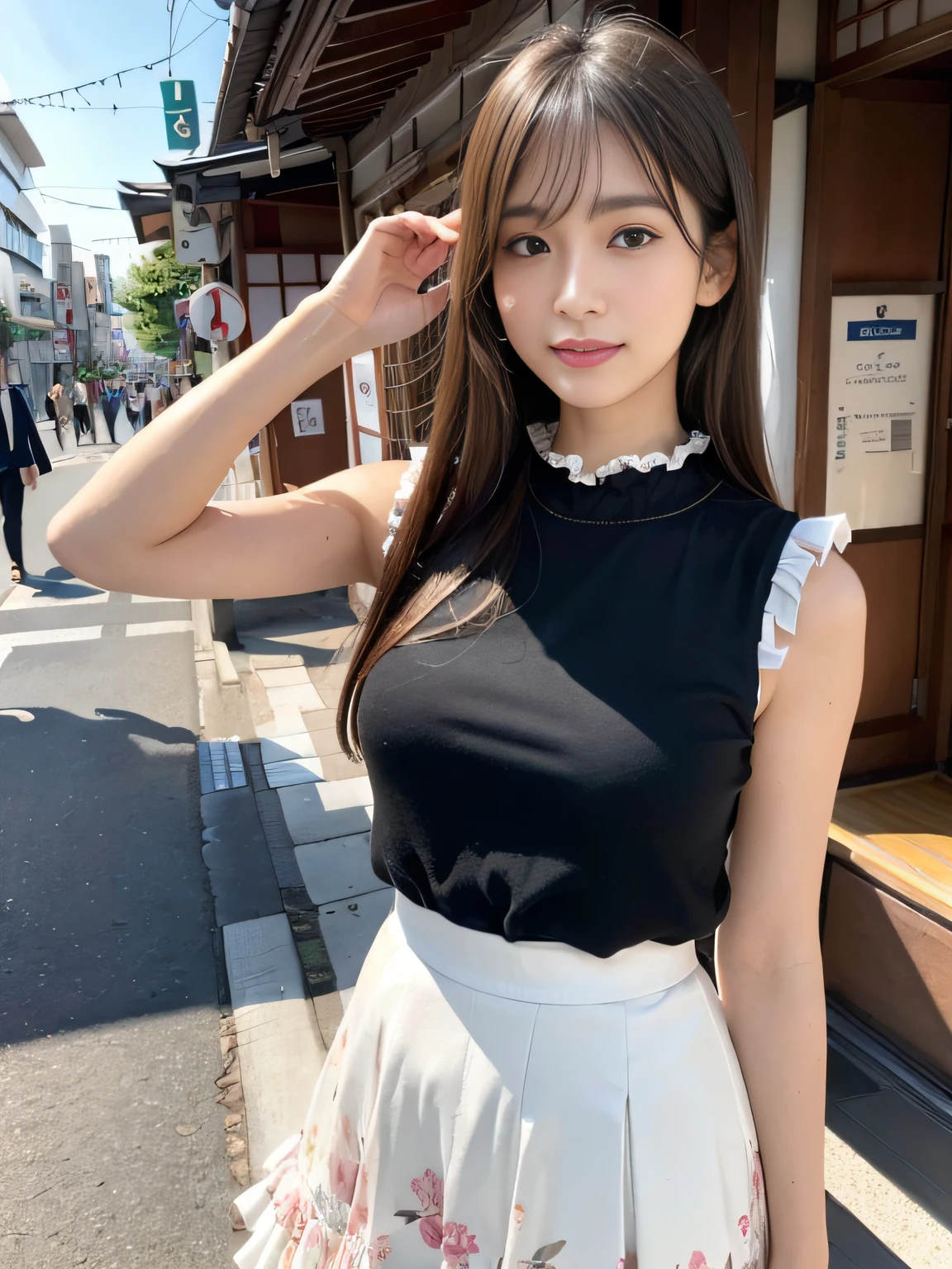 8K、Raw photography、(masuter piece:1.2)、(Photorealsitic:1.2)、(best qualtiy)、((Sleeveless with white frills))、((Adult woman in floral skirt))、((japanes、25-years old))、Light brown hair in one woman、((full body Esbian))、make - up、Smart body、A smile、Poses variadas、hyperdetailed face、A detailed eye、((No close-ups))、(Meet in front of the station)