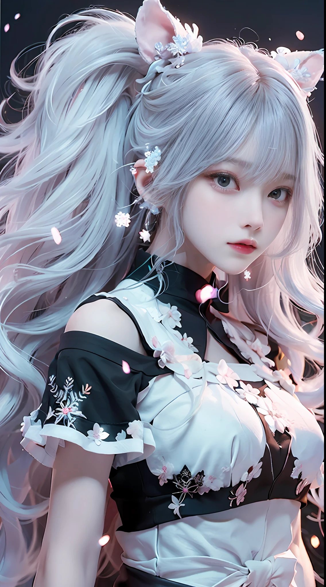 ((best qualtiy)), ((tmasterpiece)), (detail:1.4), Beautiful cyberpunk Japan woman image,,(Photograph the whole body),nffsw(HighDynamicRange),Ray traching,NVIDIA RTX,Hyper-Resolution,illusory 5,Sub-surface scattering,PBR Textures,post processed,Anisotropy Filtering,depth of fields,maximum definition and sharpness,multi-layer texture,Albedo e mapas Speculares,Surface Coloring,Mitsu-Accurate simulation of material interactions,Perfectly proportioned,rendering by octane,Two-colored light,Large aperture,Low ISO,White Balance,Rule three points、8K raw data、Beautiful bright red pupils,Off-the-shoulder clothing,Fine pupils,Sky blue gradient on pure white hair,Delicate face and eyes,with round face, drooing eyes, long eyelasher,Blushlush,Delicate and fluffy hair,lip,pure,Cute face,Sweet girl,Artistic sense,Casual wear,Advanced Sense,Snowflake,flower petals,Snowflake, Briar snow background, Beautiful Hair Accessories,long hair and waist,Hair fluttering in the wind,Snow White cat ears, Curly