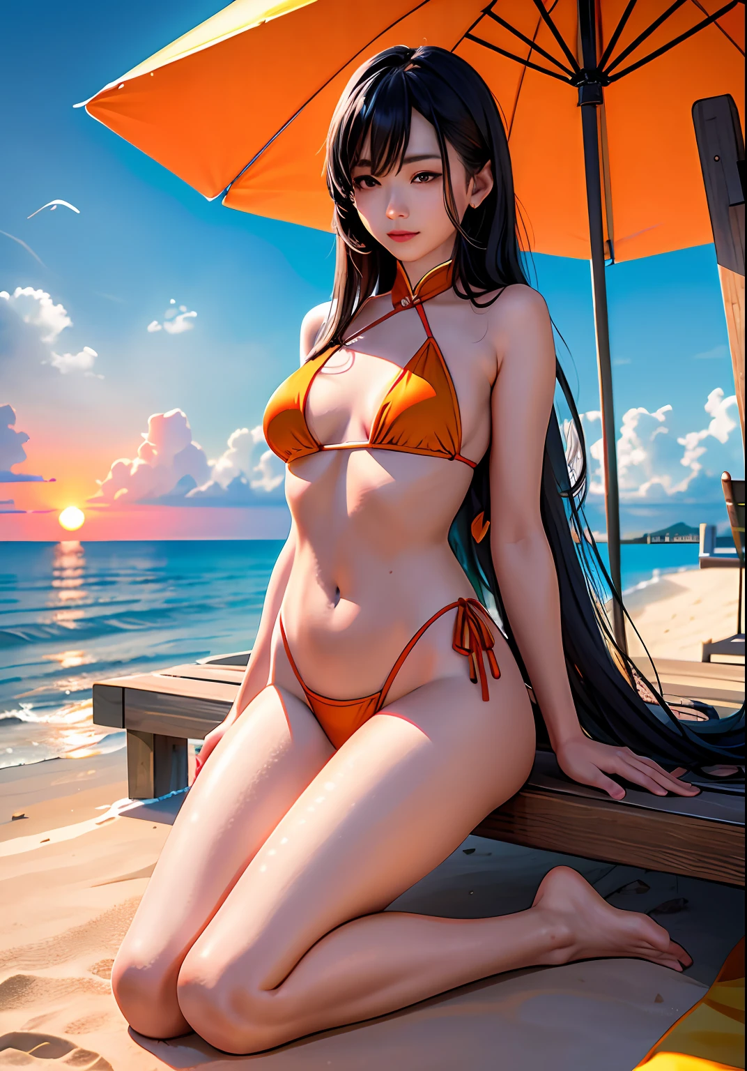Absolutely mesmerizing sunset on the beach,The sky is mixed with orange、Pink and yellow。The water is crystal clear,,The white sand is boundless。The scene is full of movement,breath-taking,Seagulls soar high in the air,Palm trees sway gently。Immerse yourself in a calm atmosphere,Let the tranquil surroundings surround you。beachside,starrysky,China-style,long leges,Full body like,rays of sunshine,moisty,drenched all over the body,playing water,eventide,Burning clouds,baiyun,shoreline,Bigchest,比基尼,long whitr hair,wave,short detailed hair,lipsticks,Slim figure,eye shadows,Beautiful face,Side Body,lying on her side,hyper realisitc,Realistic painting style,swimming uniform,realistic space,sandbeach,beach umbrella,beach chair,deck chair,beach parasol,boisterous,eventide