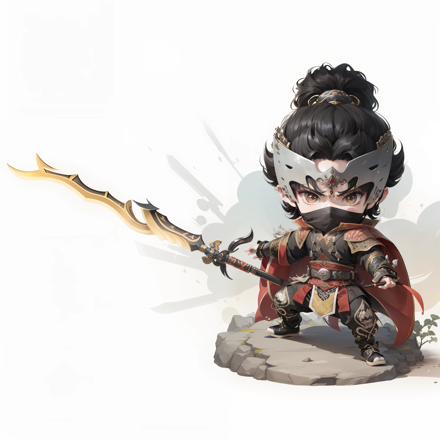 male people,Male characters,Chibi anime characters,Bad,Eight snake spears,Spear weapons,China-style,Chinese-style clothing,Chinese shoes,There are beautiful patterns on the weapon grip,Refinement,Fine painting,Refinement,infinite details,high definition detail,Delicate belt,Belt accessories,Male characters,Blindfolds,black color hair,Patterned,Pattern,Blank background,Bright colors,Metal edging
