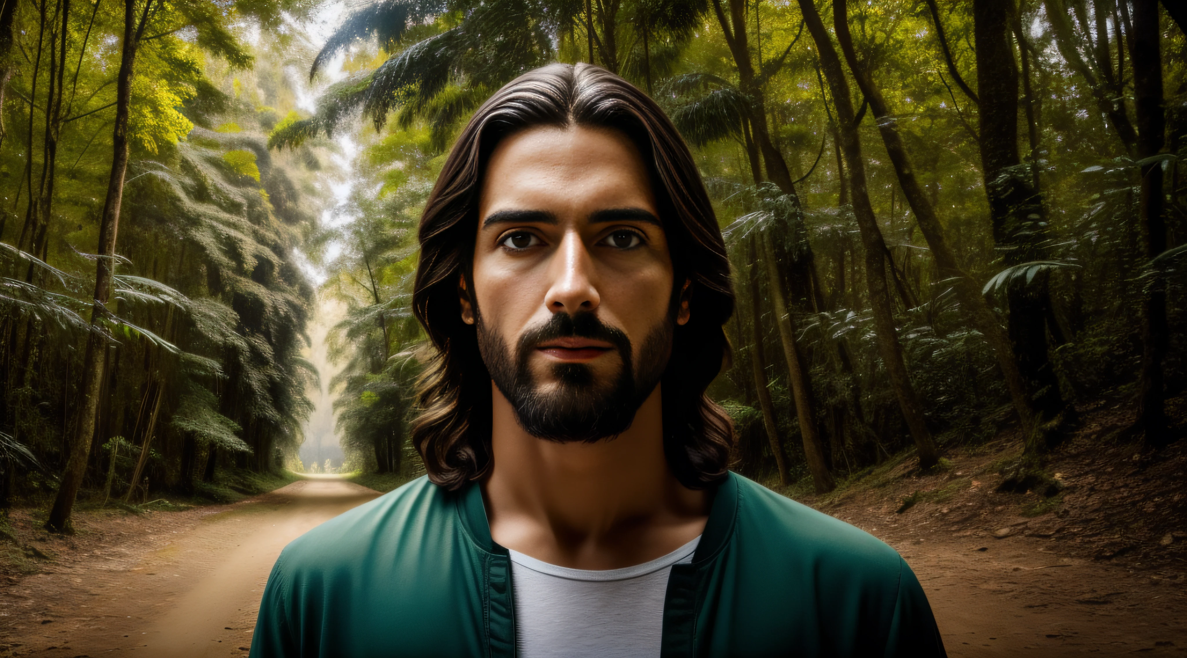jesus cristo andando na floresta, detalhado, 4k, realista, retrato, rosto detalhado,