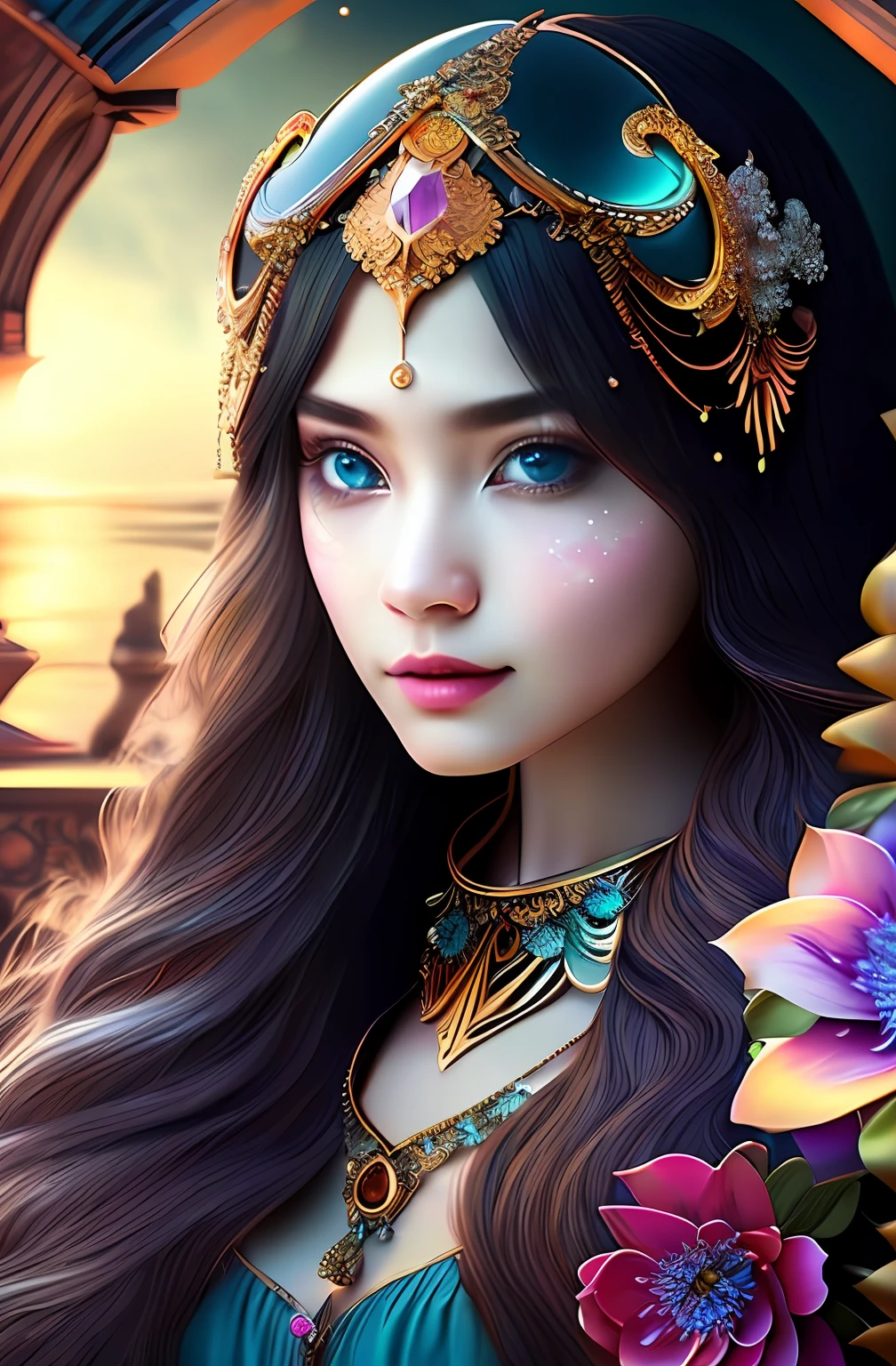 ((Realistic:1.5)),Ulzzang-6500:1.3,((Best quality)), ((Masterpiece)),((Detailed)),2girls,duo,{2 beautiful women}, (Upper body:1.3),Hug and touch each other, Tease your friend's waist, Breathless friends, Biting a friend's earlobe, crouched,super wide shot,Face focus, Long legs,Curvy, Barefoot,Wide hips, Thin legs, Oversized eyes,Long eyelashes, (Detailed face,beautidful eyes, detailedpupils,detailed clothes features, Clear background:1.3), (armlets, bangle:1.3), Mysterious ancient ruins, floresta exuberante, Deep canyon,bridge,River,cliff,Cloud,lakes,Rock music,Waterfalls, Flowers, Grass,grape trees,tree,bright detail,Sharp,Perfect compounding, Intricate, Sharp focus, Dramatic,