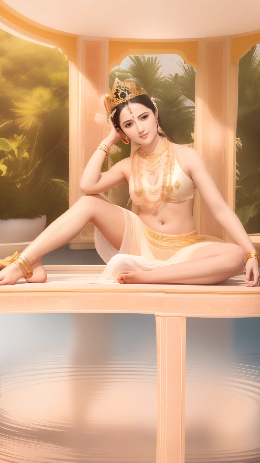 In the void, There is a beautiful virgin sitting leisurely in a garden wonderland,Five-colored cloudy sky,Perfect body posture,Barefoot,(Long curved eyebrows),Beautiful eyes sparkle,The large, Jewel-like eyes sparkle,Clear pupils have reflected light,二重まぶた,Lying silkworm,((Plump and rosy lips))Nipples clearly visible,((Flushed cheeks)),The mandible is plump,Fair skin is delicate and smooth,Delicate skin translucent,A delicate and dexterous crown,inlaid gemstones,Exquisite and ingenious,inlaid gemstones,Sitting on a light red lotus in the air,look straight at the camera,((Pinch the stem of the lotus flower with one hand)),(((nice hand))),((((Good feet))),(((good legs))),realisticlying,white skinned,((Correct body structure)),White clothing,decorated in white,baiyun,Blue sky,Head background with round light,Behind him is a colorful rainbow circle,Color glow is turned on,Front lighting,Positive light,No shadows on the face,There are no shadows on the body,Blue sky,Unreal space,ethereal world,dreamworld,with blue sky and white clouds,tmasterpiece,4K,ultra-definition,professional photoshooting,Perspective looks up,Standard lens shooting,
