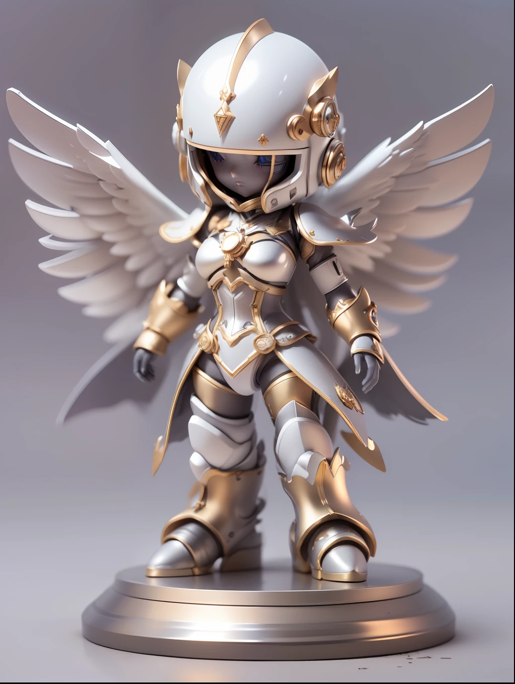 (Blind box toy style:1.2), (Full body shot) , 1 Cute metal angel ,Silvery-white metal wings,Silver-white armor, shelmet:1.2, Solo,(circular base:1.2), In steampunk style, dreamy glow, Dirty, Brown undertone, Battle damage style:1.2, ( Clean background,Global illumination, Ray traching, hdr, unreal render,reasonable design, high detal, Masterpiece, Best quality, hyper HD, Cinematic lighting)