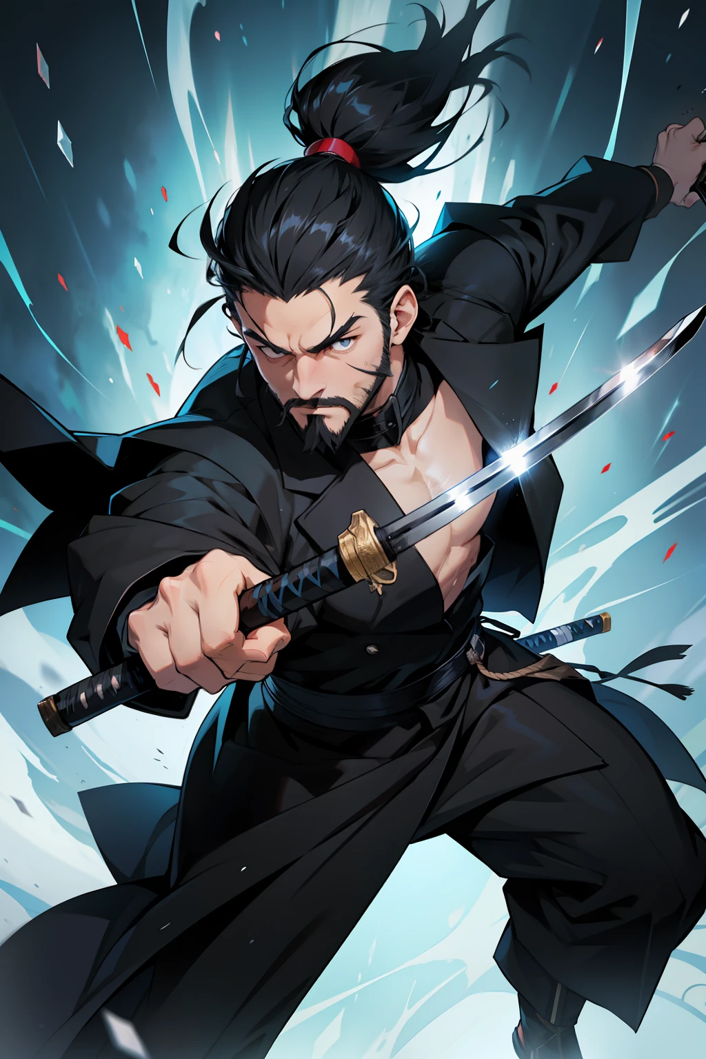 anime guy, long black ponytails hairs, using a black overcoat, shaved beard, anime style 2d, 4k, with ice powers, holding a katana