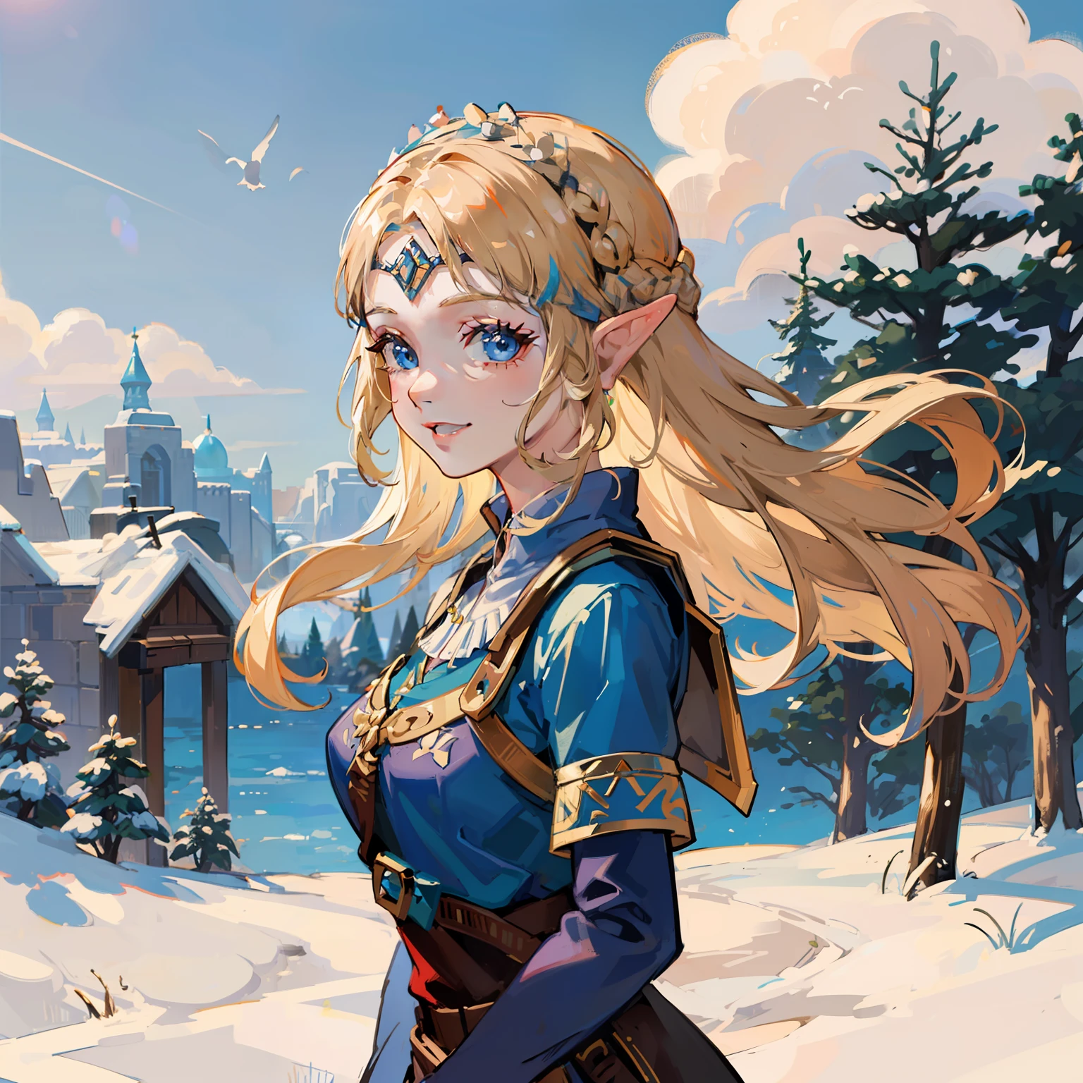 (Jogo "A Lenda de Zelda: Sopro da Natureza") | (Princesa Zelda + roupa de frio) + (neve) + middlebreasts, amazing quality, Smiling expression.