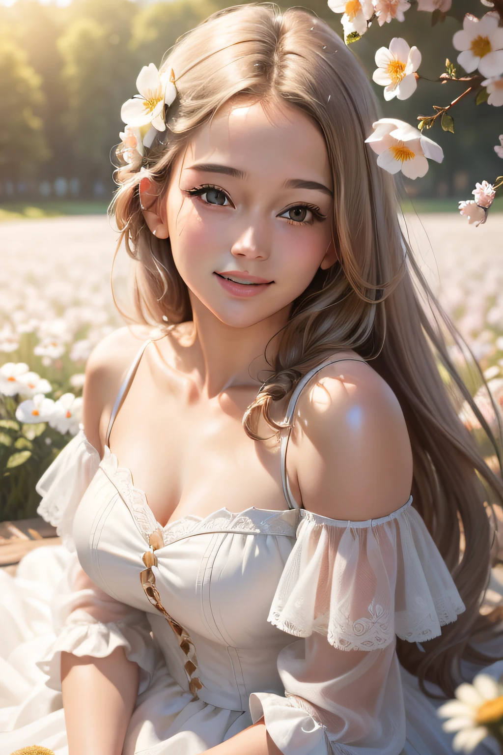 Best quality, masterpiece, ultra high res, (photorealistic:1.4), raw photo, 1girl, white dress, off shoulder, blossom flower field, glowing skin, light smile