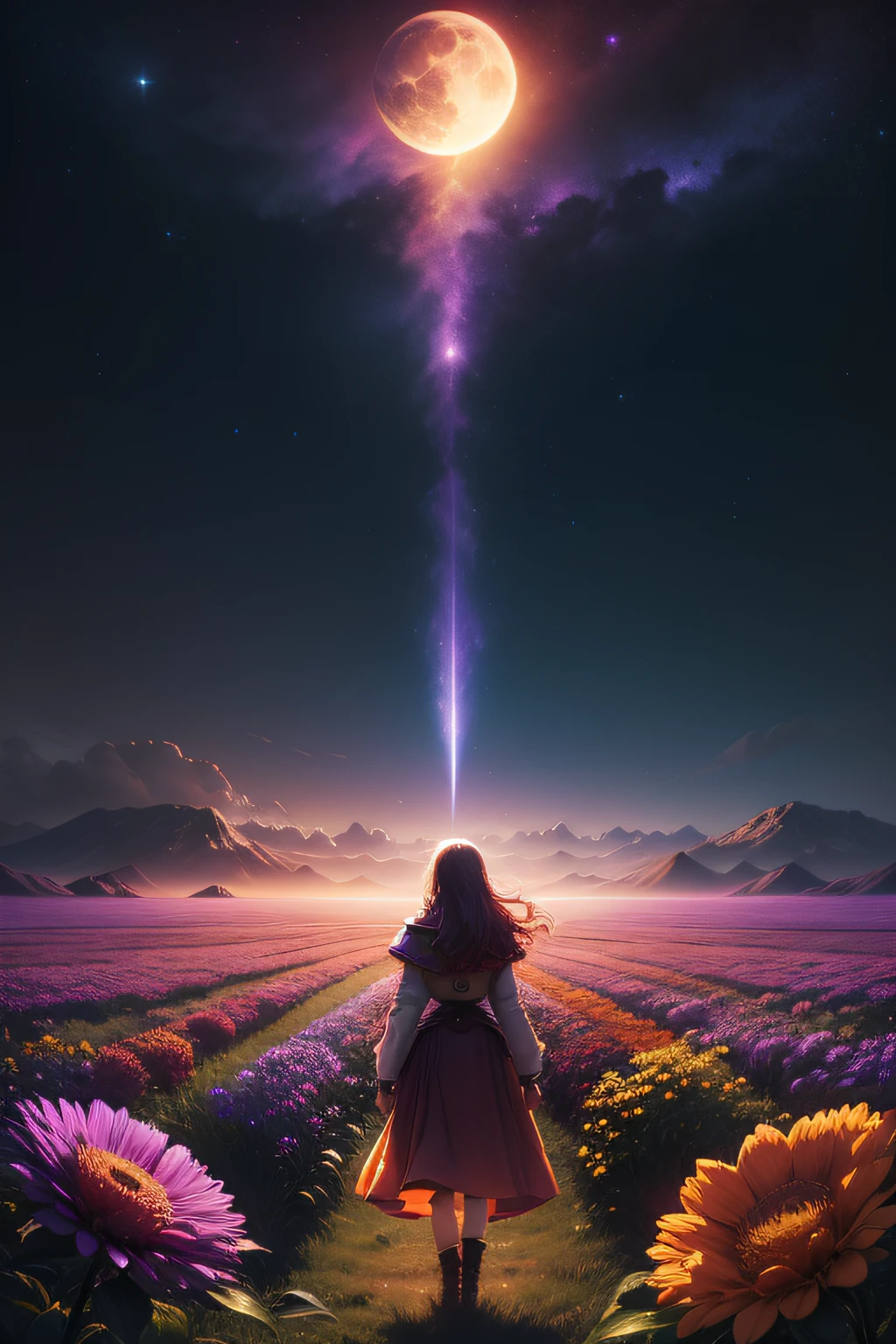 A wide landscape photo, (viewed from below, the sky is above, and the open field is below), a girl standing on a flower field looking up, (full moon: 1.2), (meteor: 0.9), (nebula: 1.3), distant mountains , Trees BREAK Crafting Art, (Warm Light: 1.2), (Firefly: 1.2), Lights, Lots of Purple and Orange, Intricate Details, Volumetric Lighting BREAK (Masterpiece: 1.2), (Best Quality), 4k, Ultra Detailed, (Dynamic Composition: 1.4), Rich in Detail and Color, (Rainbow Color: 1.2), (Glow, Atmospheric Lighting), Dreamy, Magical, (Solo: 1.2)