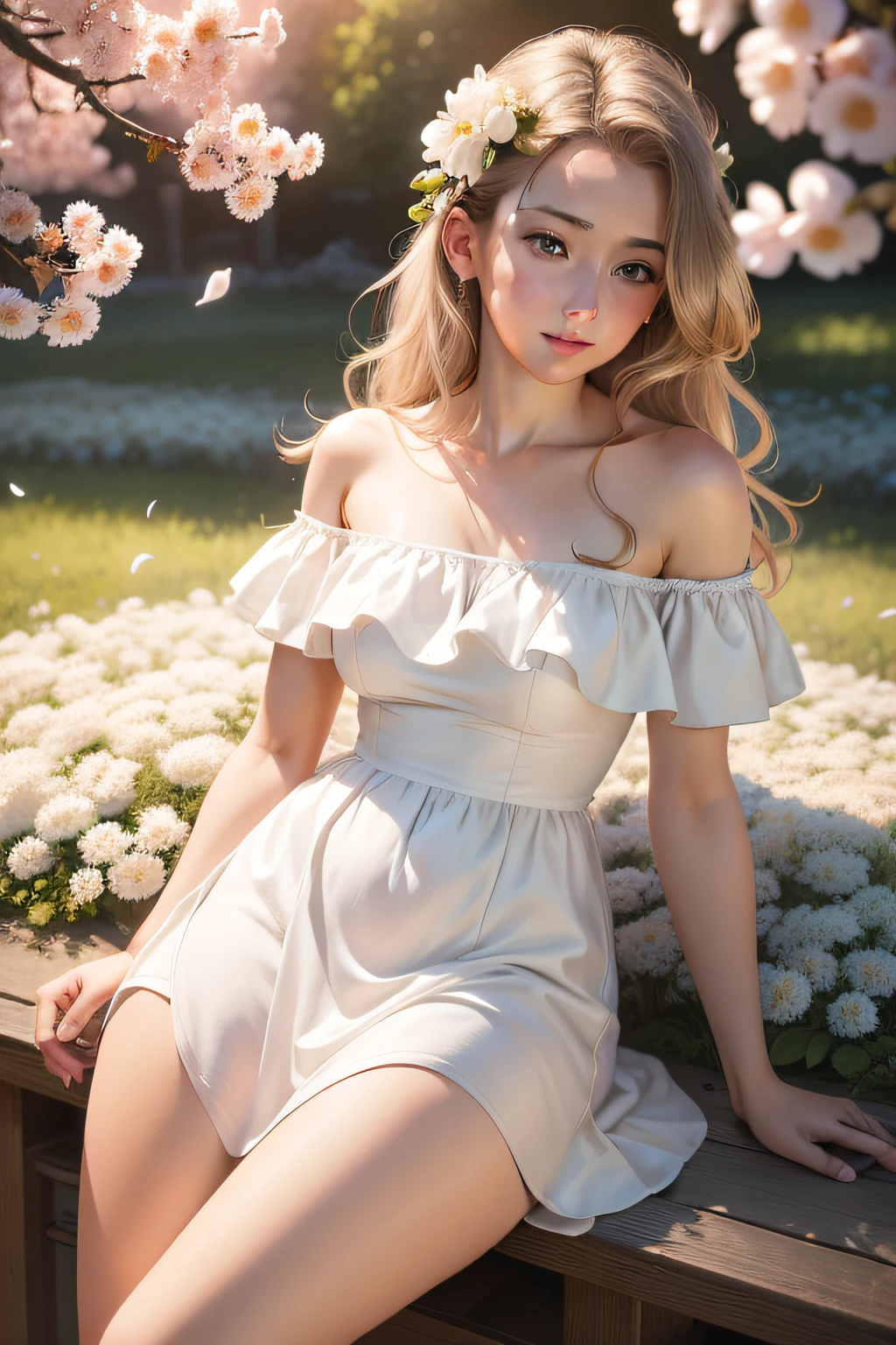Best quality, masterpiece, ultra high res, (photorealistic:1.4), raw photo, 1girl, white dress, off shoulder, blossom flower field, glowing skin, light smile