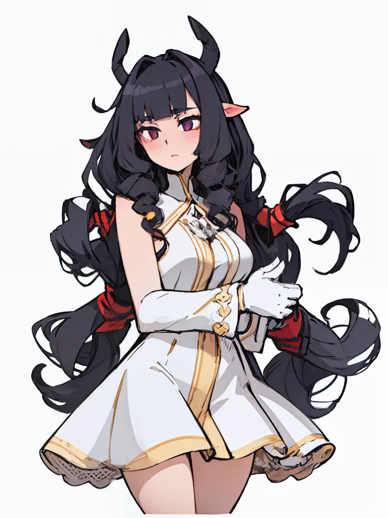 A girl frontal,((full bodyesbian,shift dresses,Long curly white gas)),Calf white silk,Put your hands in front,Young, White background