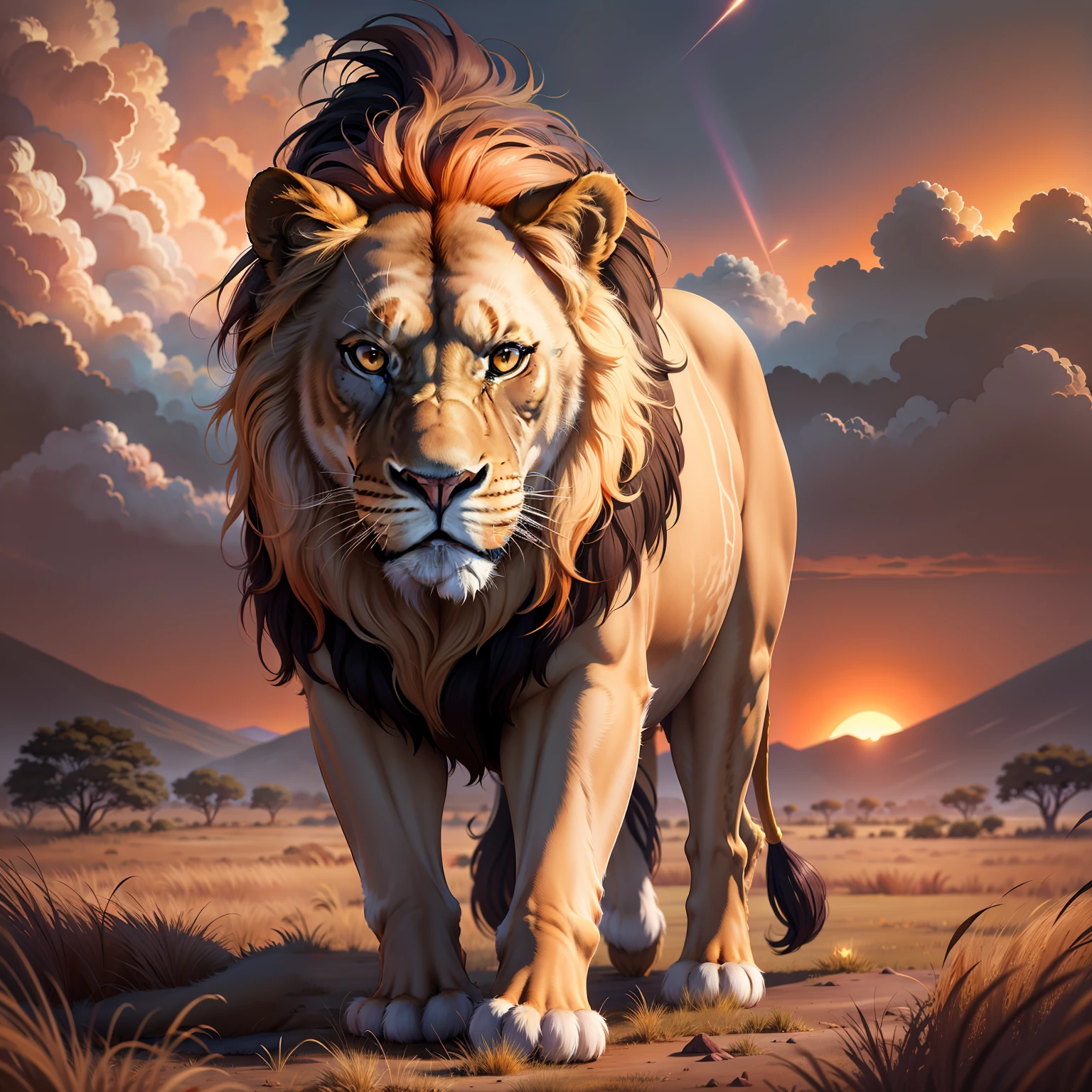 A majestic lion divine and majestic, his golden mane floating in the wind as he wanders through the tall grass of the savannah with the sky in a beam of light among the clouds In the distance, The setting sun paints the sky in shades of fiery orange and deep purple, casting a warm and welcoming glow on the African landscape.
