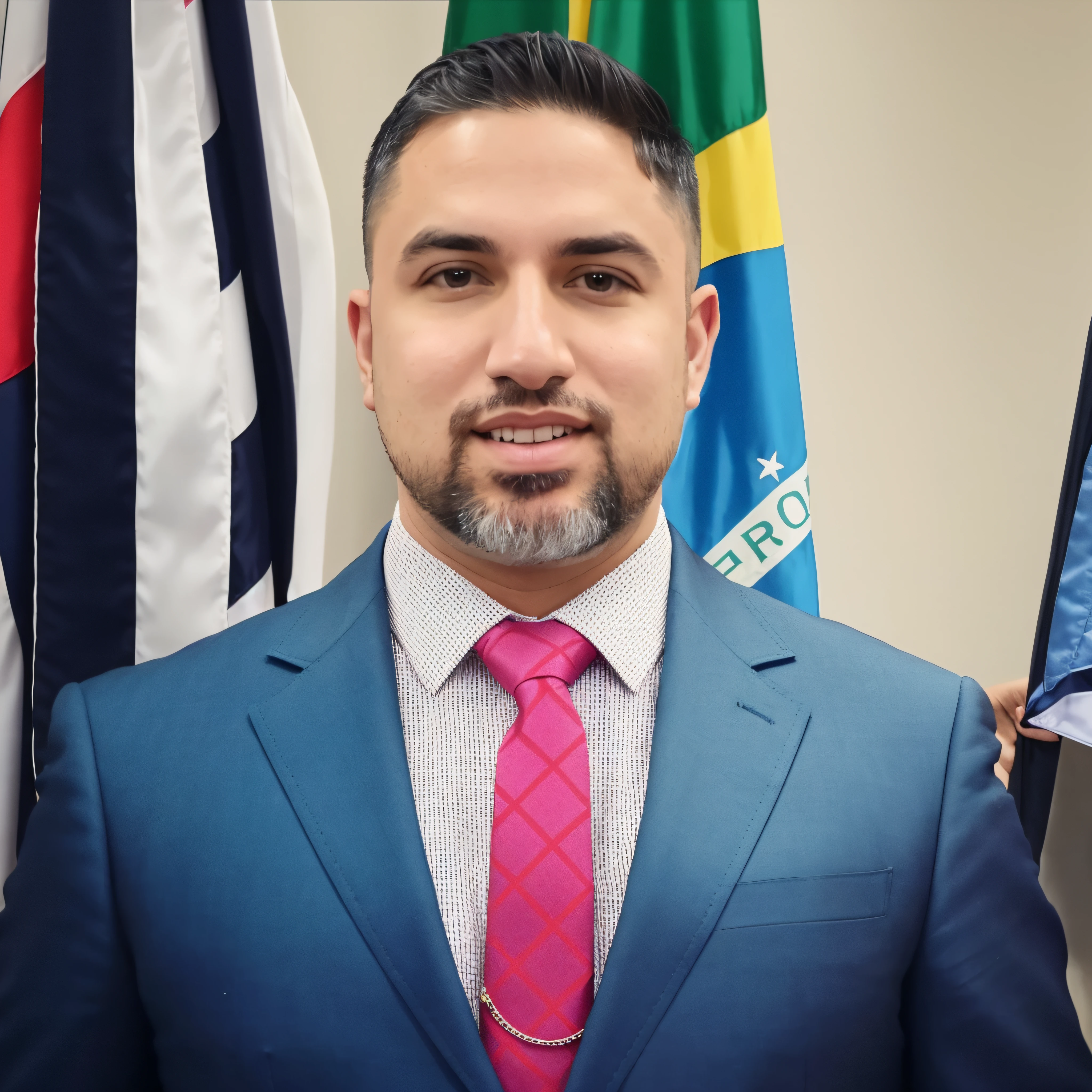 Man in blue suit and pink tie standing in front of flags,