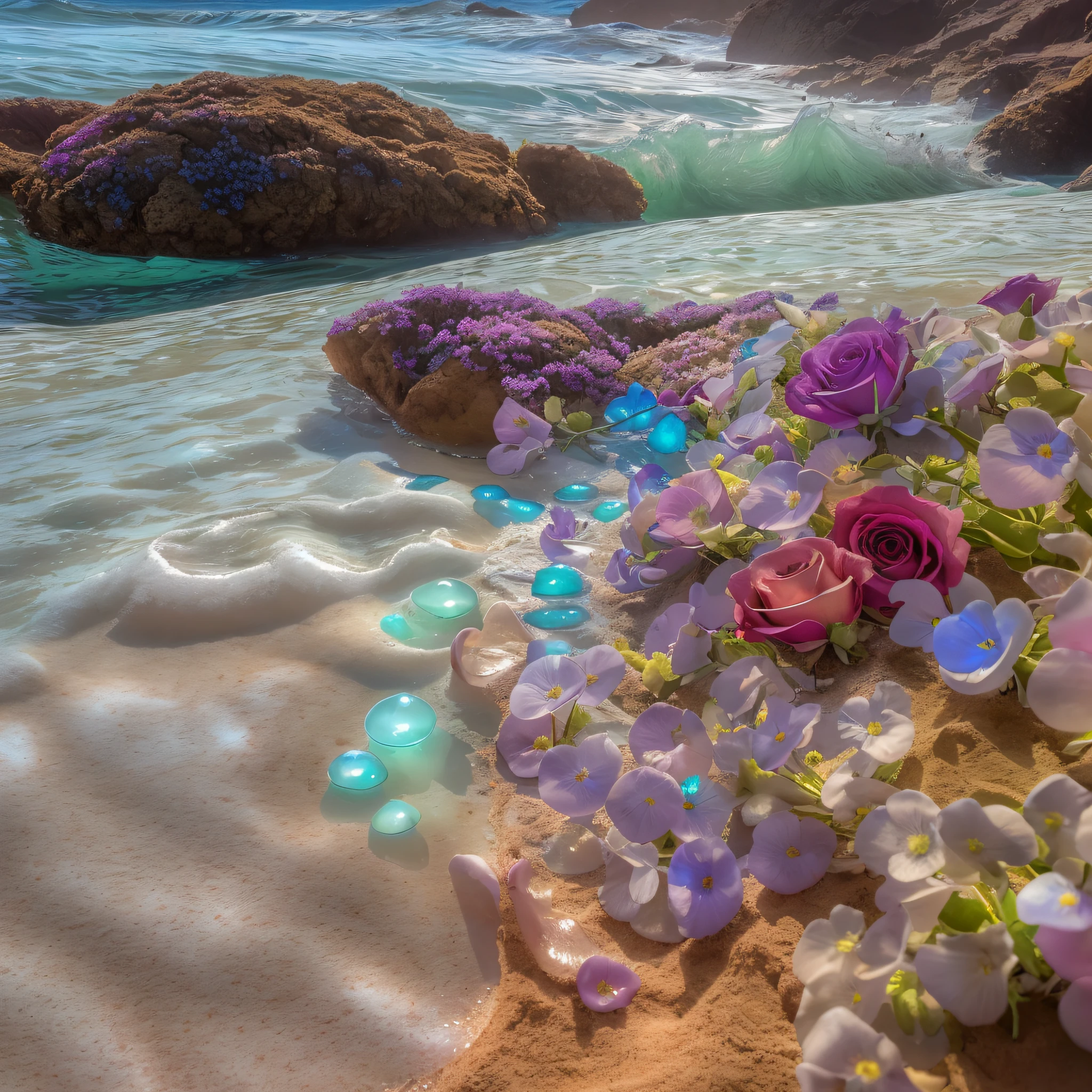 gorgeous beach, fantasy inside, roses, steam, sunrays, masterpiece, best quality, ultra high res, RAW, beautiful beach view, Mirleft, splashing rainbows, waves crashing, sand, foam, opalescent, (Photoluminescence water), bioluminescence, opal gems, agates, ((floating flowers)), clear, Cinematic RAW photo, hyper real photo, ultrarealistic, 8k uhd, dslr, soft lighting, high quality, film grain, Fujifilm XT3, photographed on a Kodak Retina II Sanyo Xacti VPC-CA6, 50mm lens, Wide Angle, HDR, hyper-realistic, colorgraded, volumetric lighting, [volumetric fog, moist], shallow depth of field, reflections, photo, (sparkling), glistening, (iridescent), glimmering, clear, shimmering, mystical, enchanting, glittering, Morocco, exotic, (masterpiece) (best quality) (detailed) (8k) (HDR) (wallpaper) (cinematic lighting) (sharp focus) (intricate), romantic,