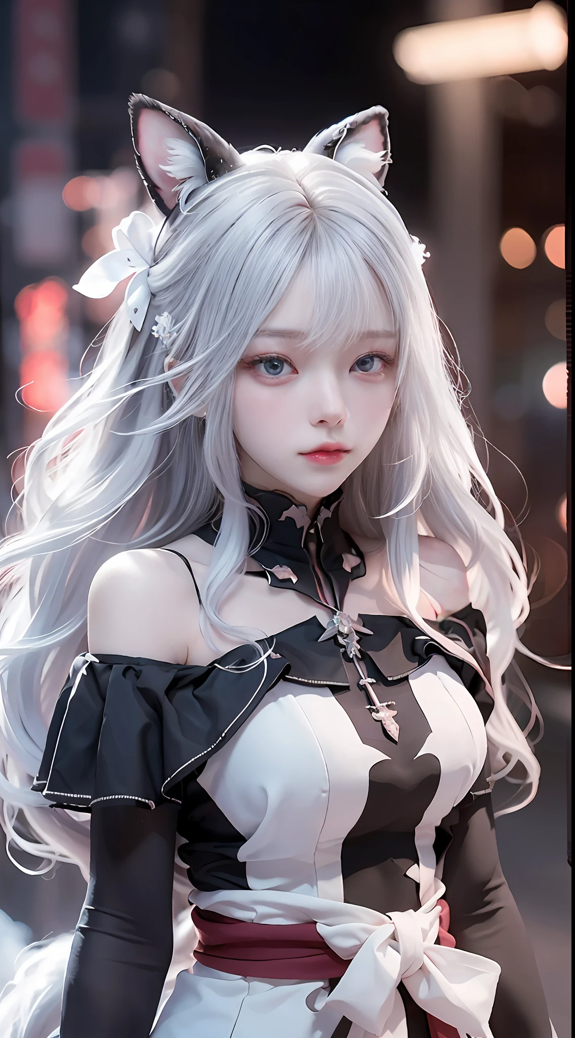 ((best qualtiy)), ((tmasterpiece)), (detail:1.4), Beautiful cyberpunk Japan woman image,sixteen years old,(Photograph the whole body),nffsw(HighDynamicRange),Ray traching,NVIDIA RTX,Hyper-Resolution,illusory 5,Sub-surface scattering,PBR Textures,post processed,Anisotropy Filtering,depth of fields,maximum definition and sharpness,multi-layer texture,Albedo e mapas Speculares,Surface Coloring,Mitsu-Accurate simulation of material interactions,Perfectly proportioned,rendering by octane,Two-colored light,Large aperture,Low ISO,White Balance,Rule three points、8K raw data、Beautiful bright red pupils,Off-the-shoulder clothing,Fine pupils,Sky blue gradient on pure white hair,Delicate face and eyes,with round face, drooing eyes, long eyelasher,Blushlush,Delicate and fluffy hair,lip,pure,Cute face,Sweet girl,Artistic sense,Casual wear,Advanced Sense,Snowflake,flower petals,Snowflake, Briar snow background, Beautiful Hair Accessories,long hair and waist,Hair fluttering in the wind,Snow White cat ears, Curly