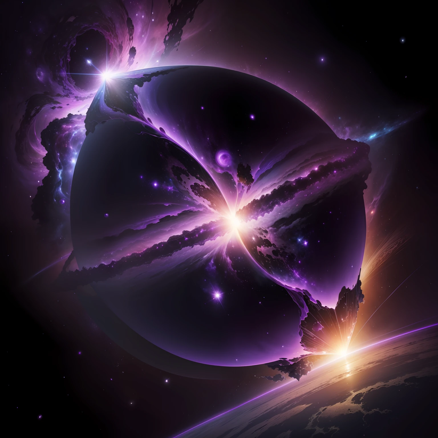 purple galaxy with stars and a black background, surreal space, space fractal gradient, epic beautiful space scifi, planets colliding, fantasy space, birth of the universe, interstellar space setting, beautiful space star planet, fantasy planet, beautiful space, violet planet, exploding planet in background, nebula explosion, creation of the universe, galactic entity, huge universe