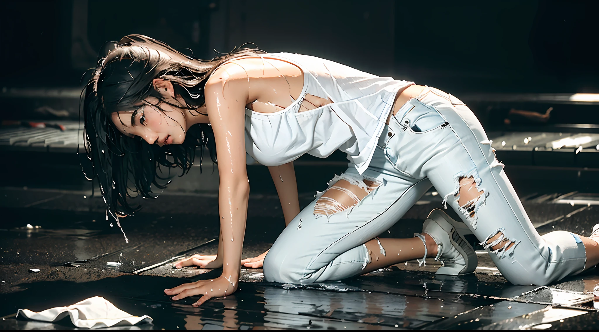 best image quality, masterpiece, super high resolution, (fidelity:1.4), photo, 1 girl, white shirt, torn jeans, white sneakers, dim, darkness, despair, pity, poor, movie, tears, teardrops, (torn clothes:1.5), (wet clothes:1.4), bare shoulders, real rain, wet hair,..