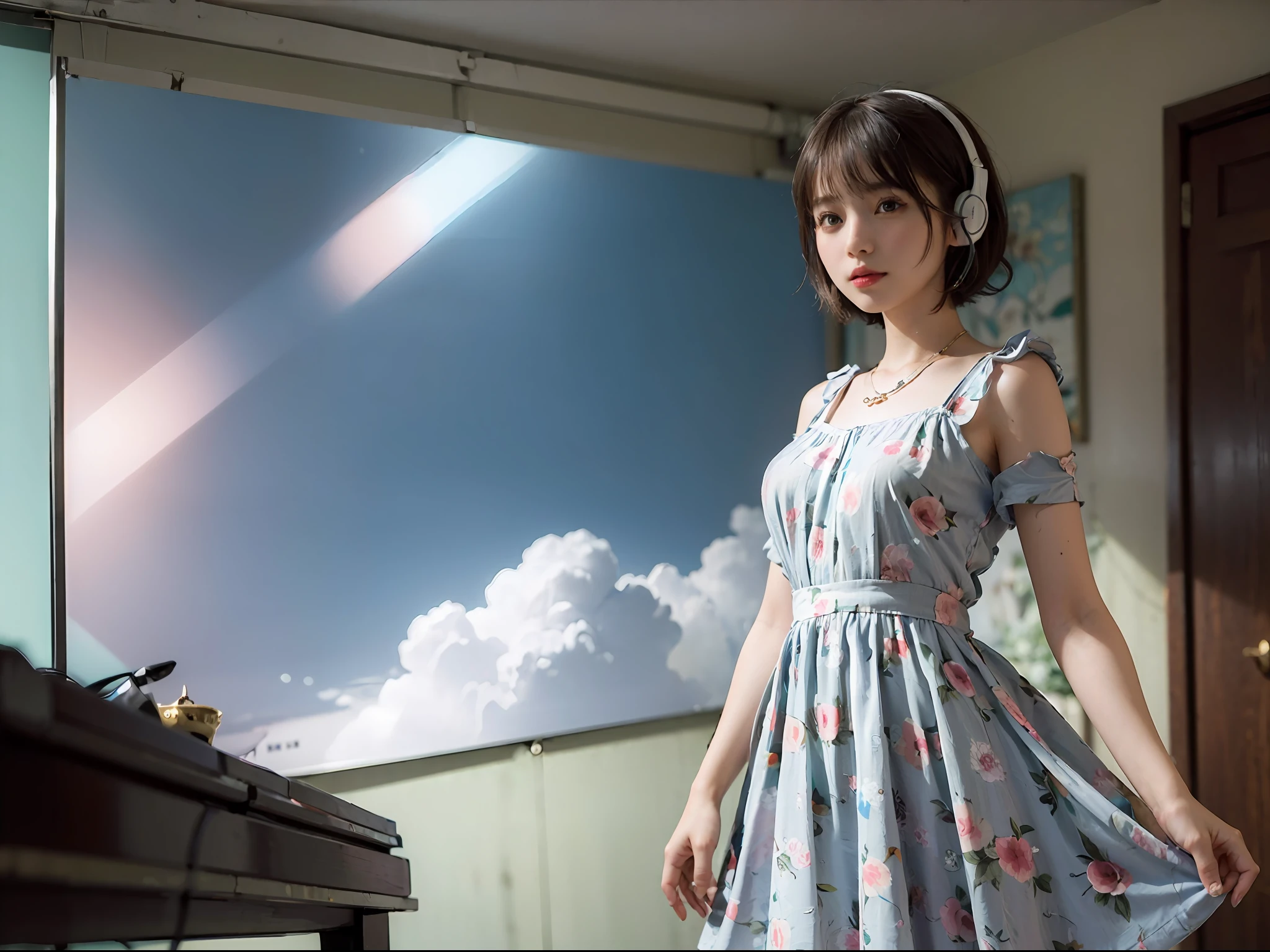 Best Quality, masutepiece, (Photorealistic:2), Ultra High Resolution, Highly detailed, A hyper-realistic, 1girl in, ((head phone)), (Longer dress), Floral pattern, colourfull_hair、(((very_Short_hair))), Short hair, Slim body, Full Shot, Looking at Viewer, ((Music Studio)), Bright atmosphere, spot light, Detailed background