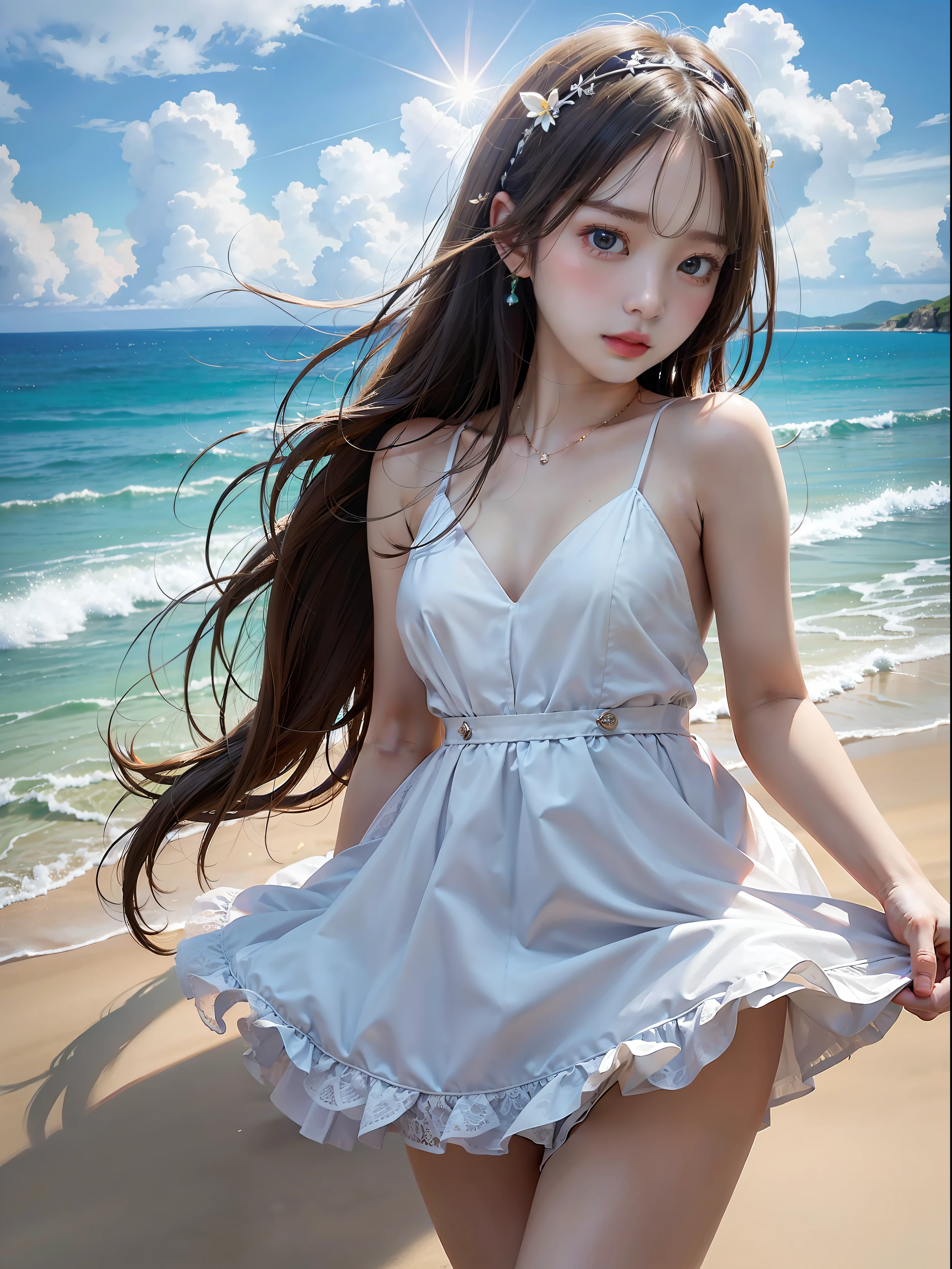 (Surreal)、(hight resolution)、(8K)、 (ighly detailed)、(Ultra clear skin pores)、(top-quality、​masterpiece:1.3)、Beautiful girl in a white dress、1womanl、full body Esbian、Ultra mini skirt、Shoulders are sticking out、Green eyes、Smaller chest、Small butt、Stroll along the sandy beach、Blue Sea、Into the cloud、contrail、Mid summer、It's very hot、perspiring