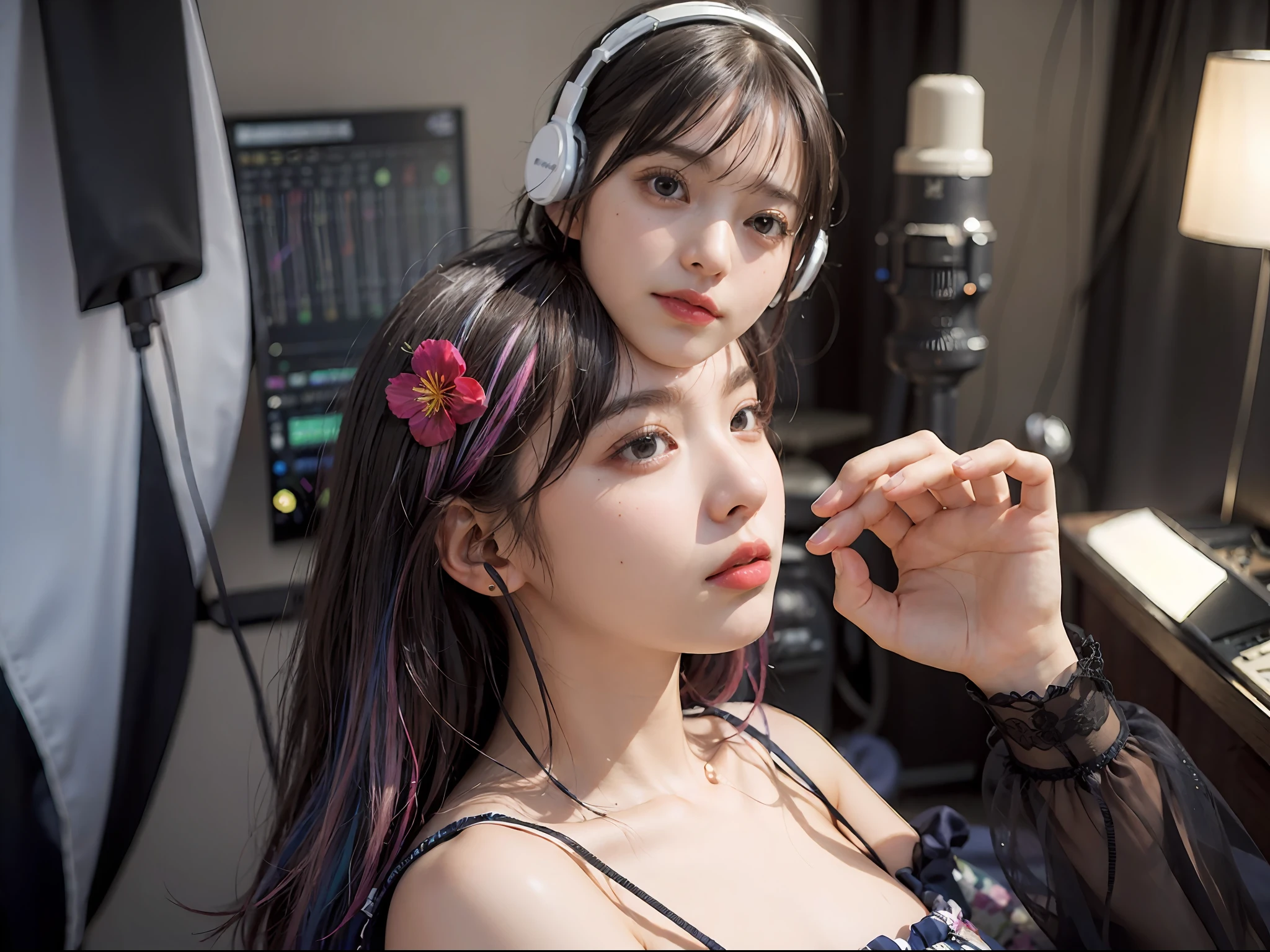 Best Quality, masutepiece, (Photorealistic:2), Ultra High Resolution, Highly detailed, A hyper-realistic, 1girl in, ((head phone)), (Longer dress), Floral pattern, colourfull_hair、(((very_Short_hair))), Short hair, Slim body, Full Shot, Looking at Viewer, ((Music Studio)),  Bright atmosphere, spot light, Detailed background