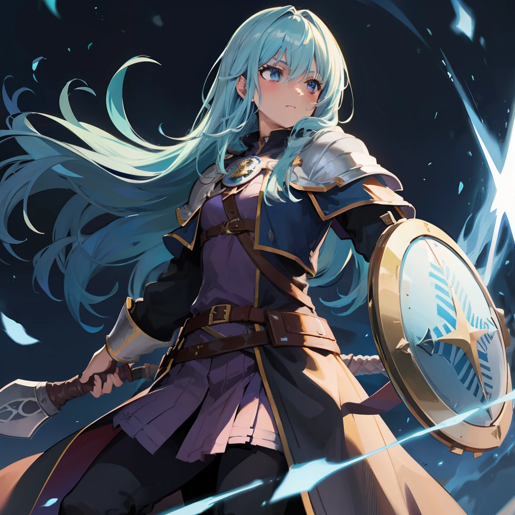 a powerful mage, with rpg clothes, magical powers, using a knight's sword and shield
