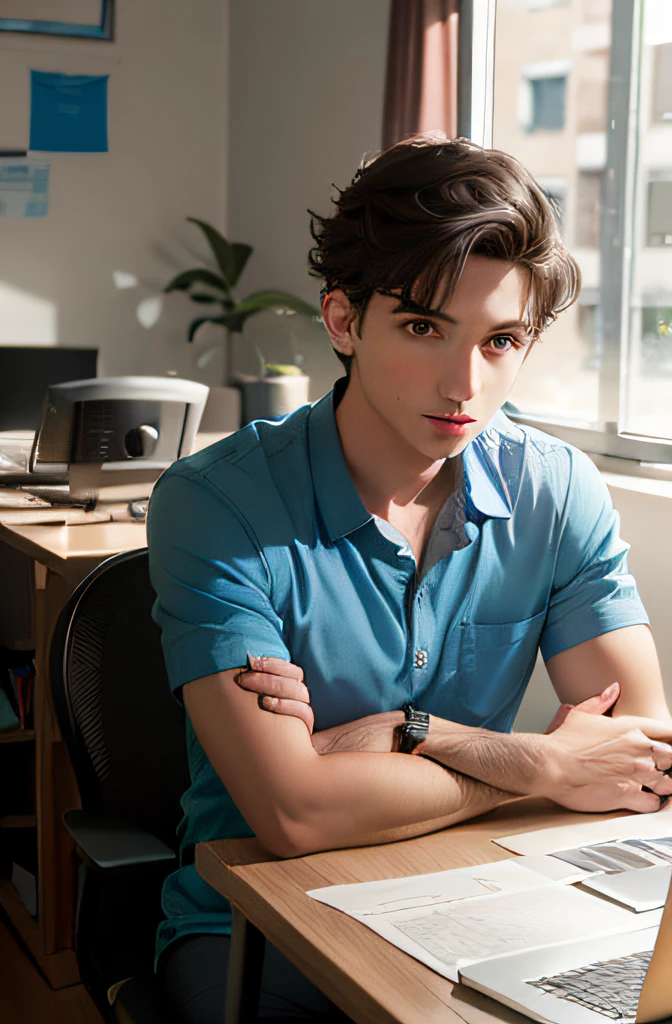 there is a man sitting at a desk with a laptop computer, trabalhando em seu laptop, sentado em sua mesa, Marcos Ariano, Retrato de Timothee Chalamet, sitting at desk, sentado em um computador, timothee chalamet, sentado em uma mesa, foto de retrato detalhada, Declan McKenna, inspirado em Jean Malouel, olhar essitante para seu computador portatil, olhando essitante, trabalhando no seu computador portatil, olhos bonitos, perfect irises, melhor qualidade, qualidade boa, well drawn hands, rosto bem desenhado, bem formado, desembaçado, idratado, anatomia boa, proporçoes escelentes