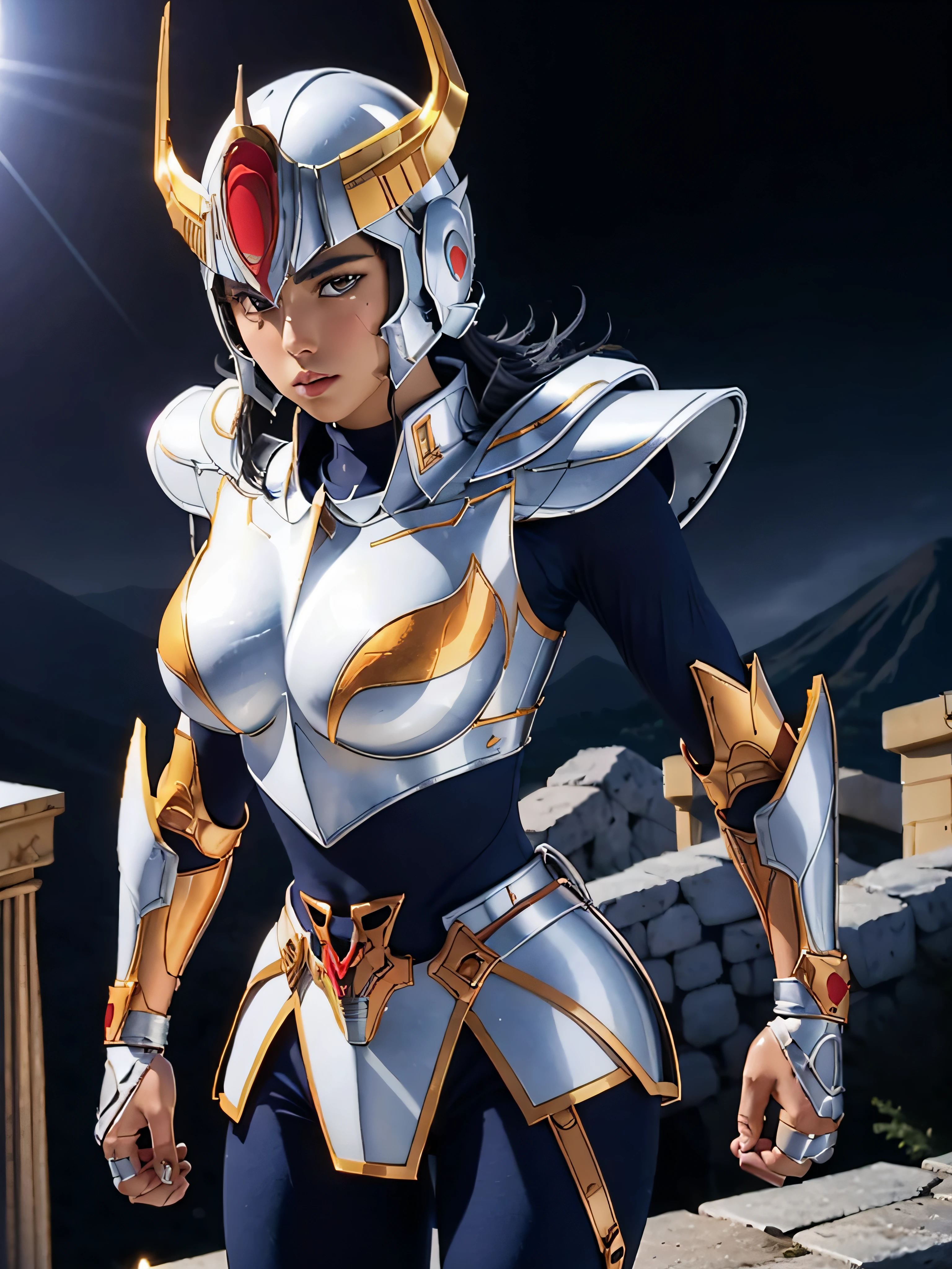 masterpiece, best quality, ultra high res, realistic skin texture, armature, (photorealistic:1.4), high resolution, raw photo, 1 girl, shiny skin, (detail skin:1.2), realistic skin texture, best lighting, sparkle, mecha armor, dramatic lighting, dynamic pose, (greek temple background:1.1), (night:1.2), (night sky), cosmos, milky way, golden armor, (cleavage), Phoenix_Ikki, (big breast), (helmet:1.2), tanned skin, black hair, (silver chest guard:1.3), (helmet), blue shirt,  volcano, lava, serious face