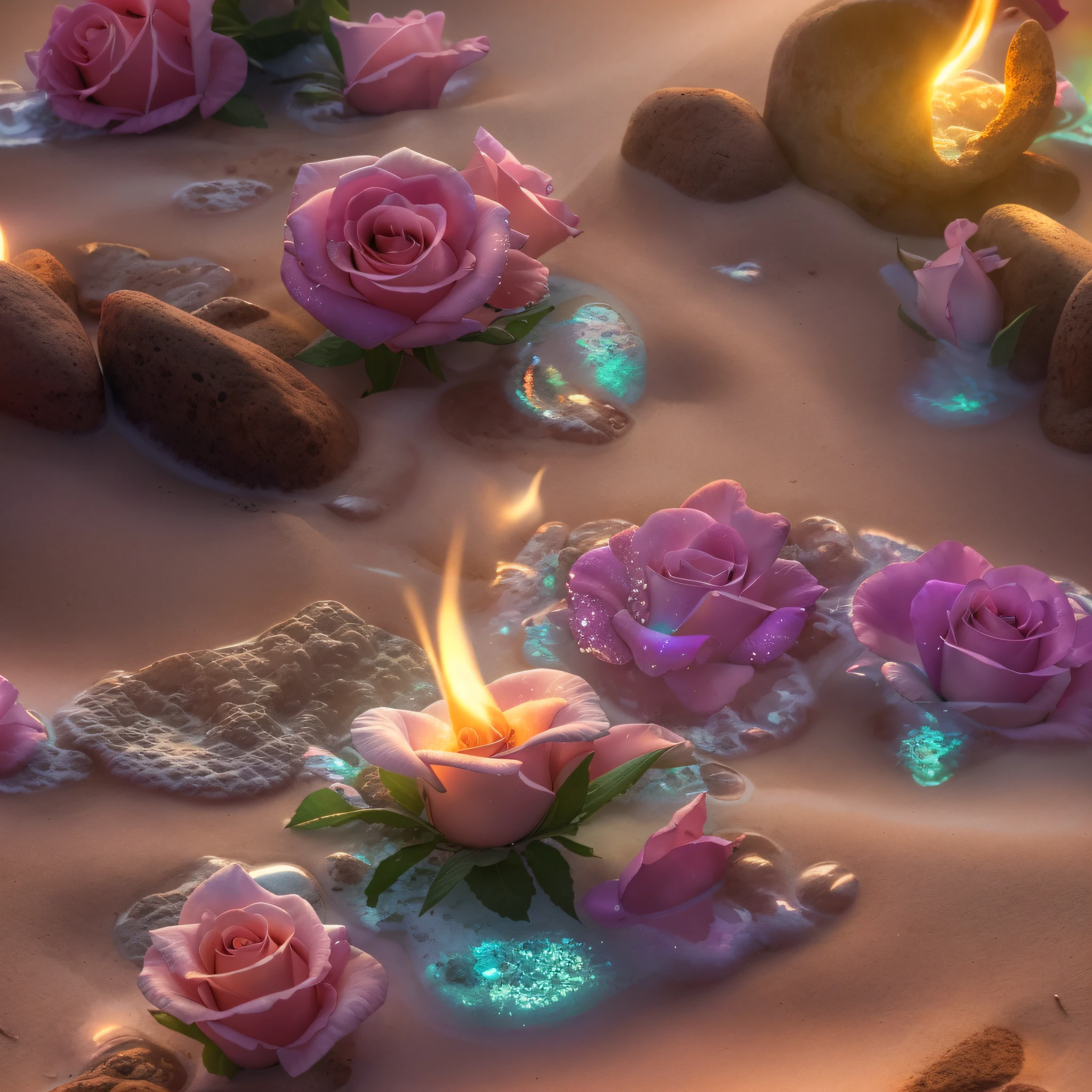 campfire on beach, fantasy inside, roses, steam, sunrays, masterpiece, best quality, ultra high res, RAW, beautiful beach view, Mirleft, natural bridge, splashing rainbows, waves crashing, sand, foam, opalescent, (Photoluminescence water), gems, ((floating flowers)), clear, Cinematic RAW photo, hyper real photo, ultrarealistic, 8k uhd, dslr, soft lighting, high quality, film grain, Fujifilm XT3, photographed on a Kodak Retina II Sanyo Xacti VPC-CA6, 50mm lens, Wide Angle, HDR, hyper-realistic, colorgraded, volumetric lighting, [volumetric fog, moist], shallow depth of field, reflections, photo, (sparkling), glistening, (iridescent), glimmering, clear, shimmering, mystical, enchanting, glittering, Morocco, exotic, (masterpiece) (best quality) (detailed) (8k) (HDR) (wallpaper) (cinematic lighting) (sharp focus) (intricate), romantic,