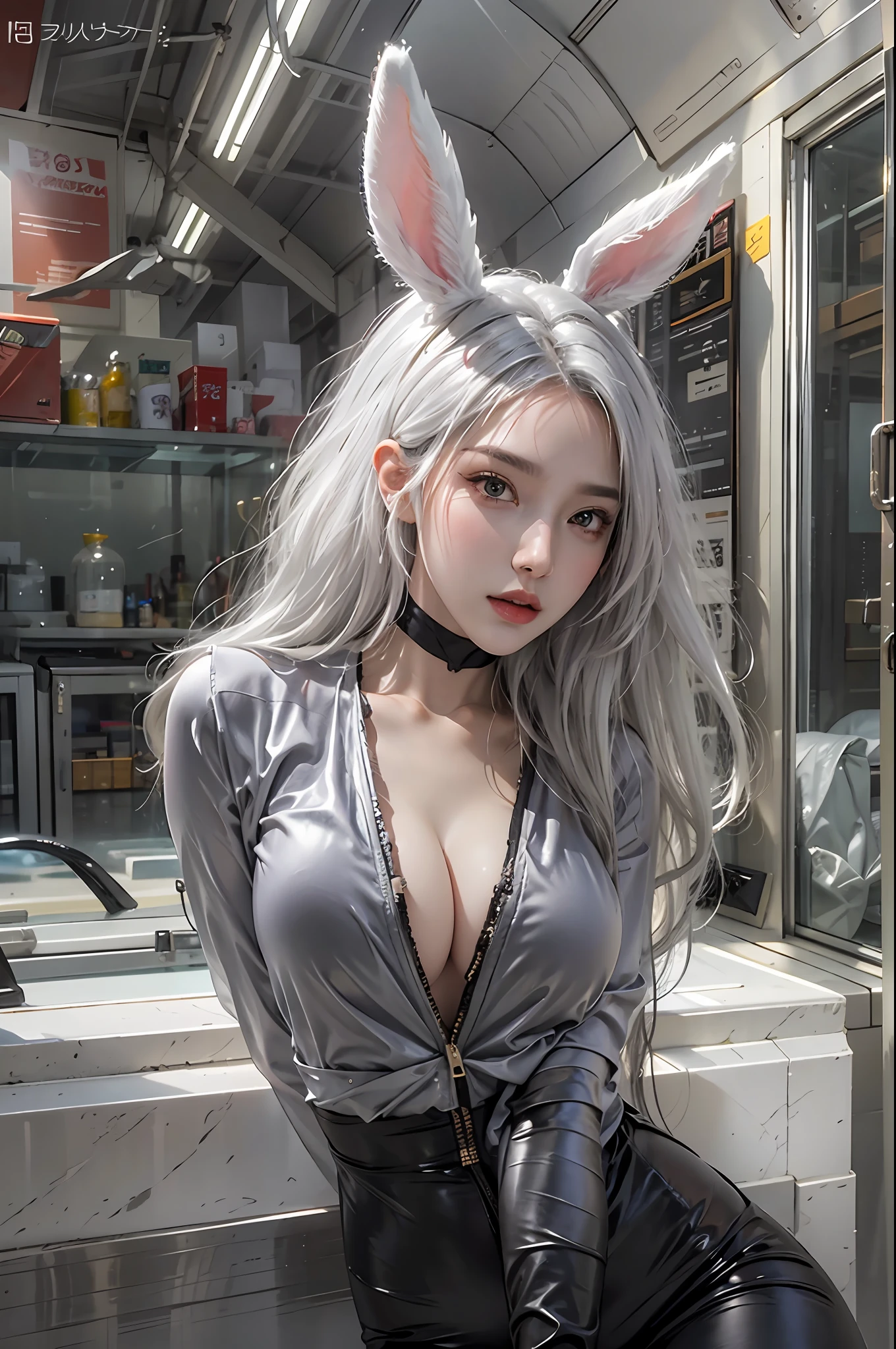 photorealistic, high resolution, 1women, solo, hips up, look at viewer, (detailed face), white hair, long hair, black playboy bunnysuit