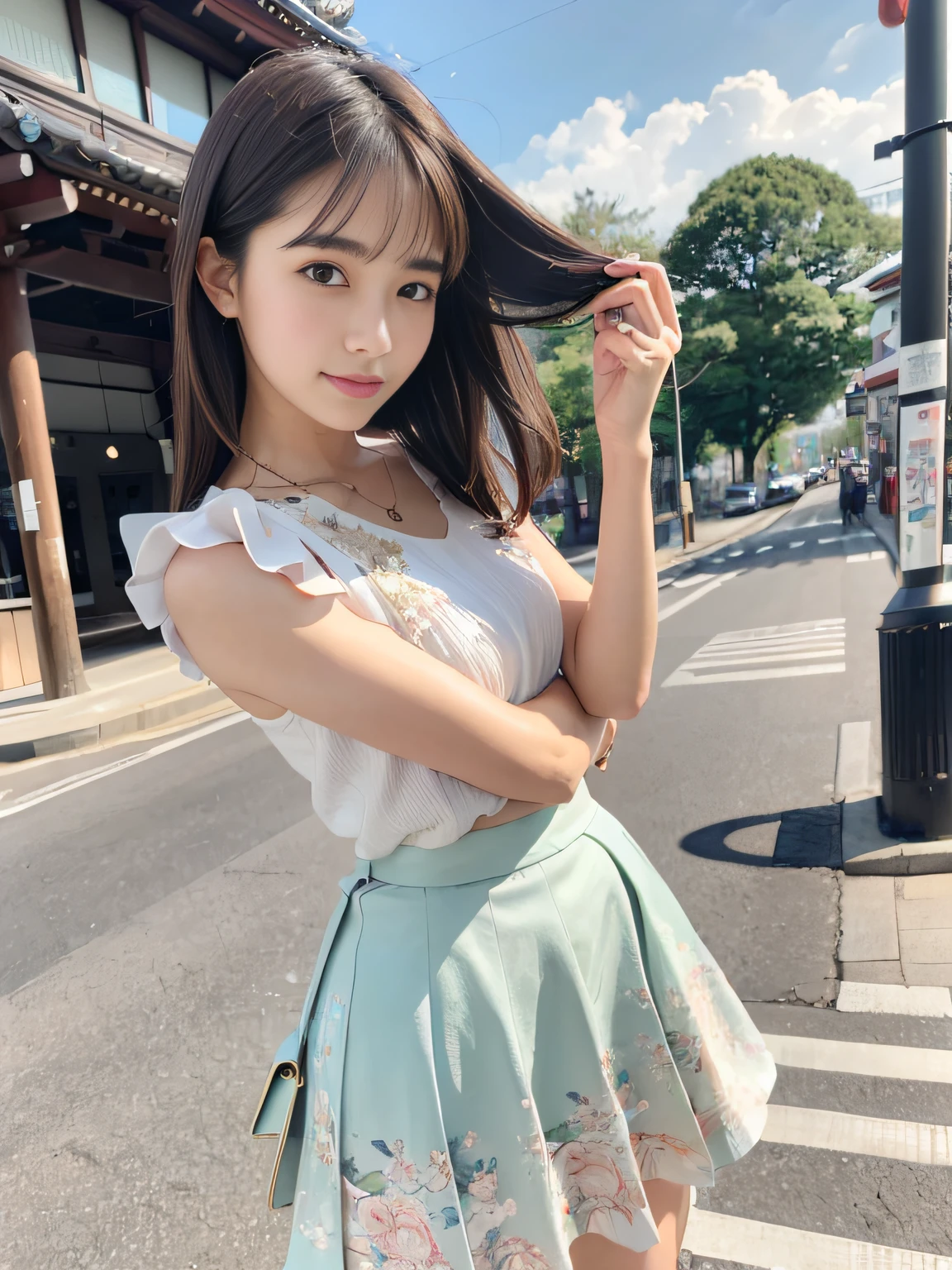 8K、Raw photography、(masuter piece:1.2)、(Photorealsitic:1.2)、(best qualtiy)、((Sleeveless with white frills))、((Adult woman in floral skirt))、((japanes、25-years old))、Light brown hair in one woman、((full body Esbian))、make - up、Smart body、A smile、Poses variadas、hyperdetailed face、A detailed eye、((No close-ups))、(Meet in front of the station)