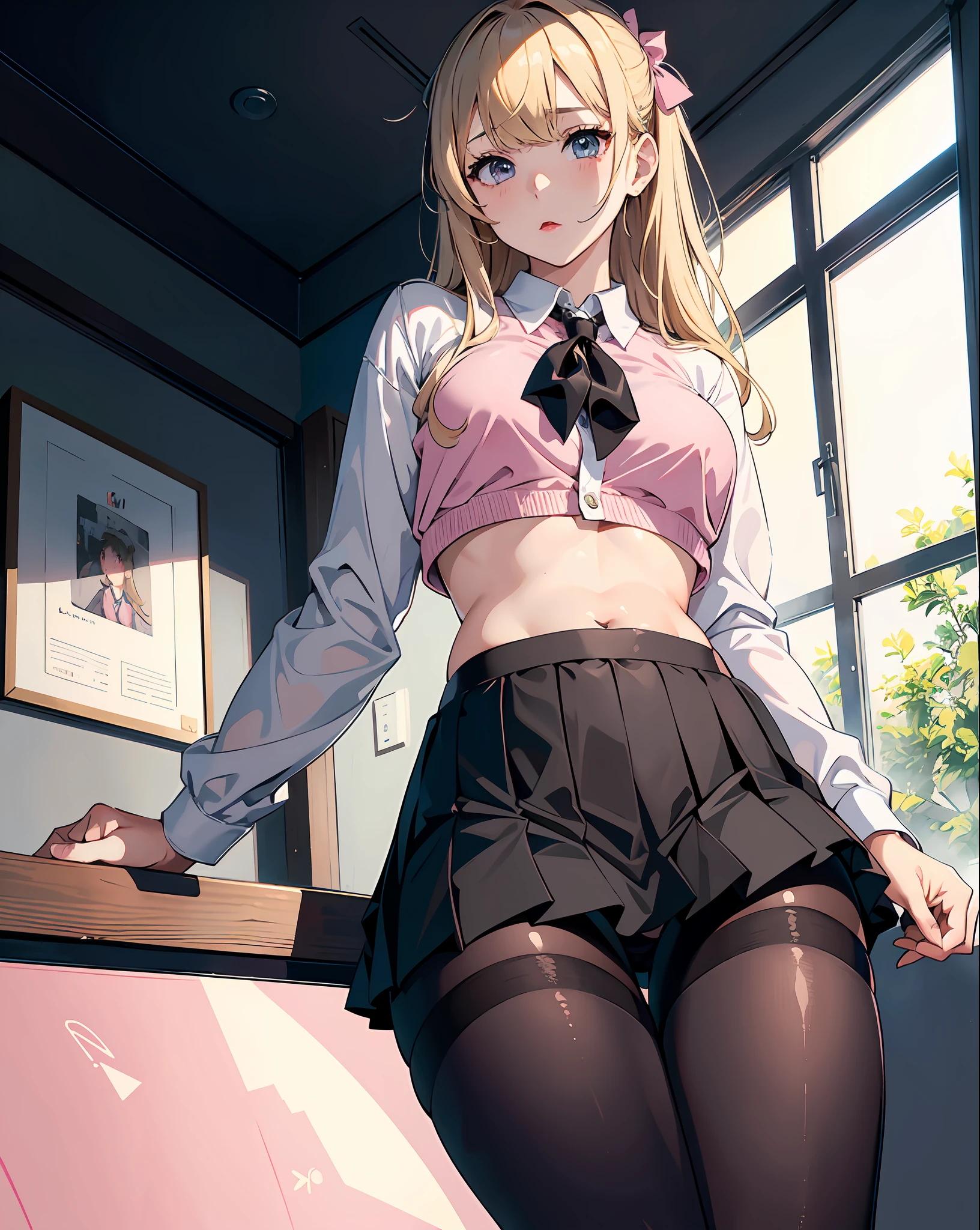 (masterpiece, best quality), beautiful girl, uniform skirt (detailed beautiful eyes) underwear, black pantyhose, full body shot, visible bellybutton, blonde hair, pink