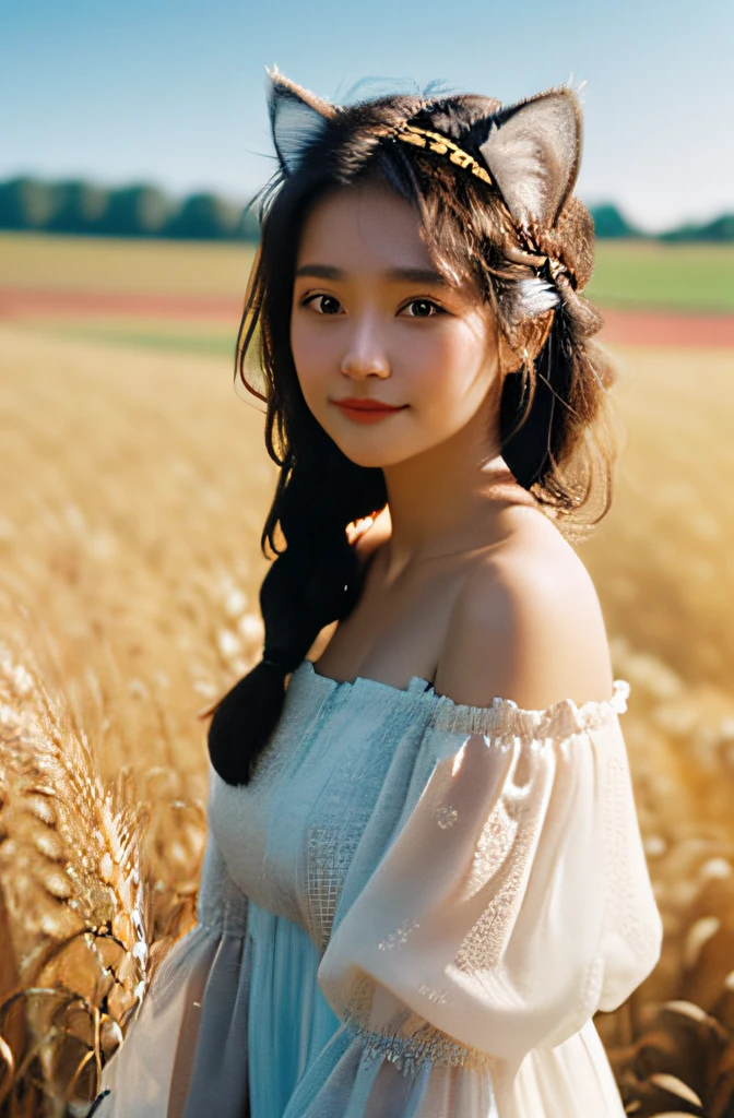 young 1girl with braided hair and fluffy cat ears, dressed in Off-Shoulder Sundress, standing in a rustic farm setting. She has a soft, gentle smile, expressive eyes and sexy cleavage. The background features a charming barn, fields of golden wheat, and a clear blue sky. The composition should be bathed in the warm, golden hour light, with a gentle depth of field and soft bokeh to accentuate the pastoral serenity. Capture the image as if it were taken on an old-school 35mm film for added charm, looking at viewer,