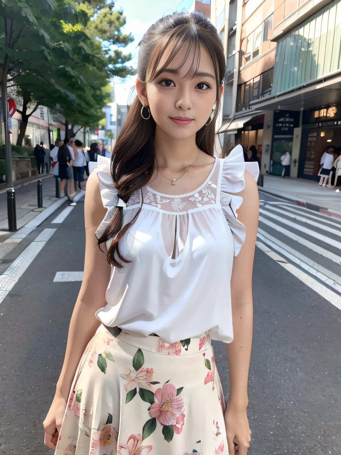 8K、Raw photography、(masuter piece:1.2)、(Photorealsitic:1.2)、(best qualtiy)、((Sleeveless with white frills))、((Adult woman in floral skirt))、((japanes、25-years old))、Light brown hair in one woman、((full body Esbian))、make - up、Smart body、A smile、Poses variadas、hyperdetailed face、A detailed eye、((No close-ups))、(Meet in front of the station)